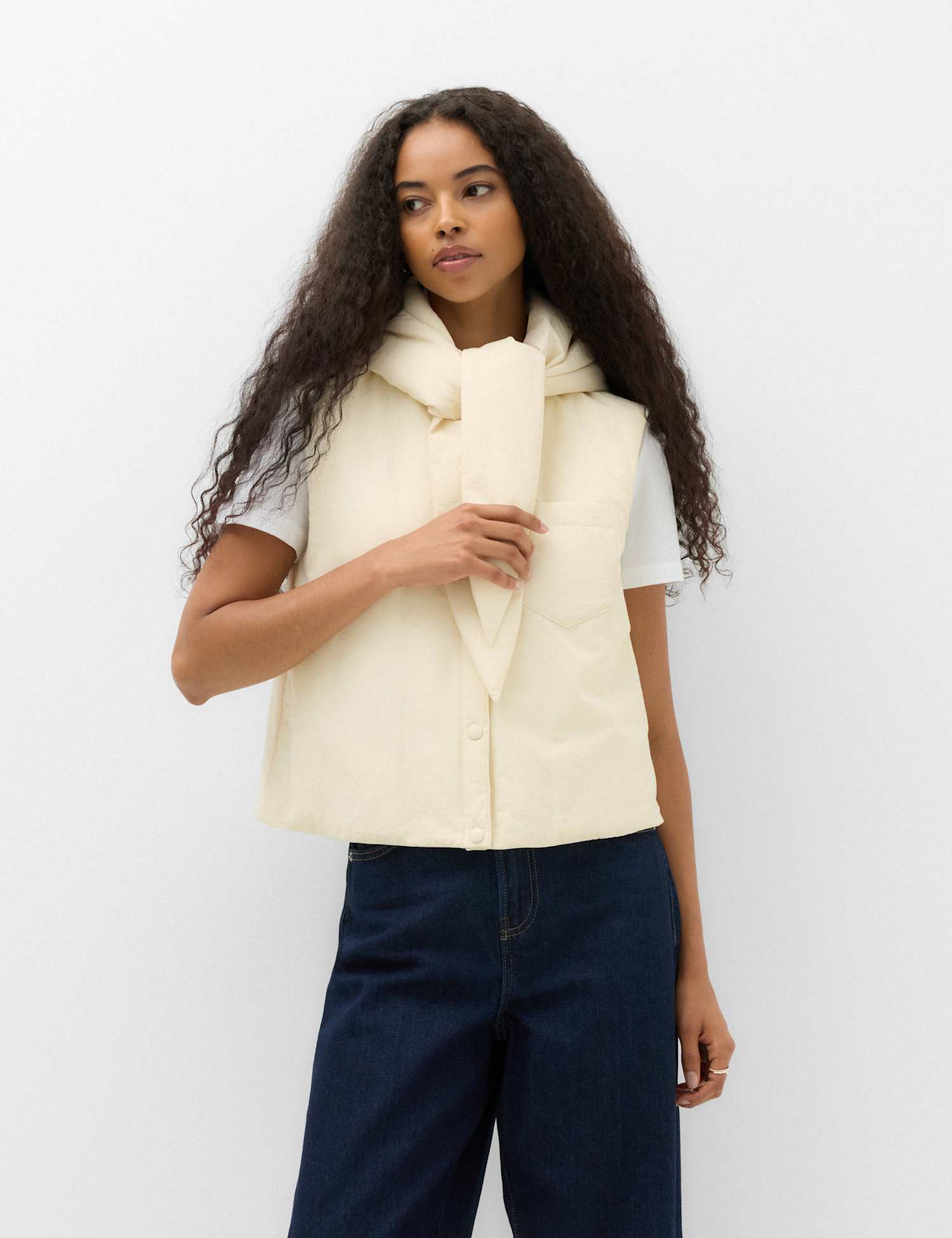 M&S Padded Tie Neck Hooded Gilet Light Cream