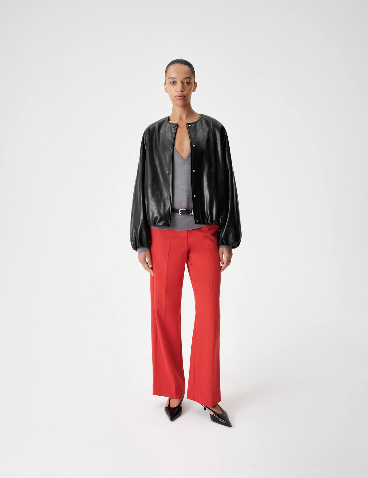 M&S Faux Leather Bubble Hem Bomber Jacket Black