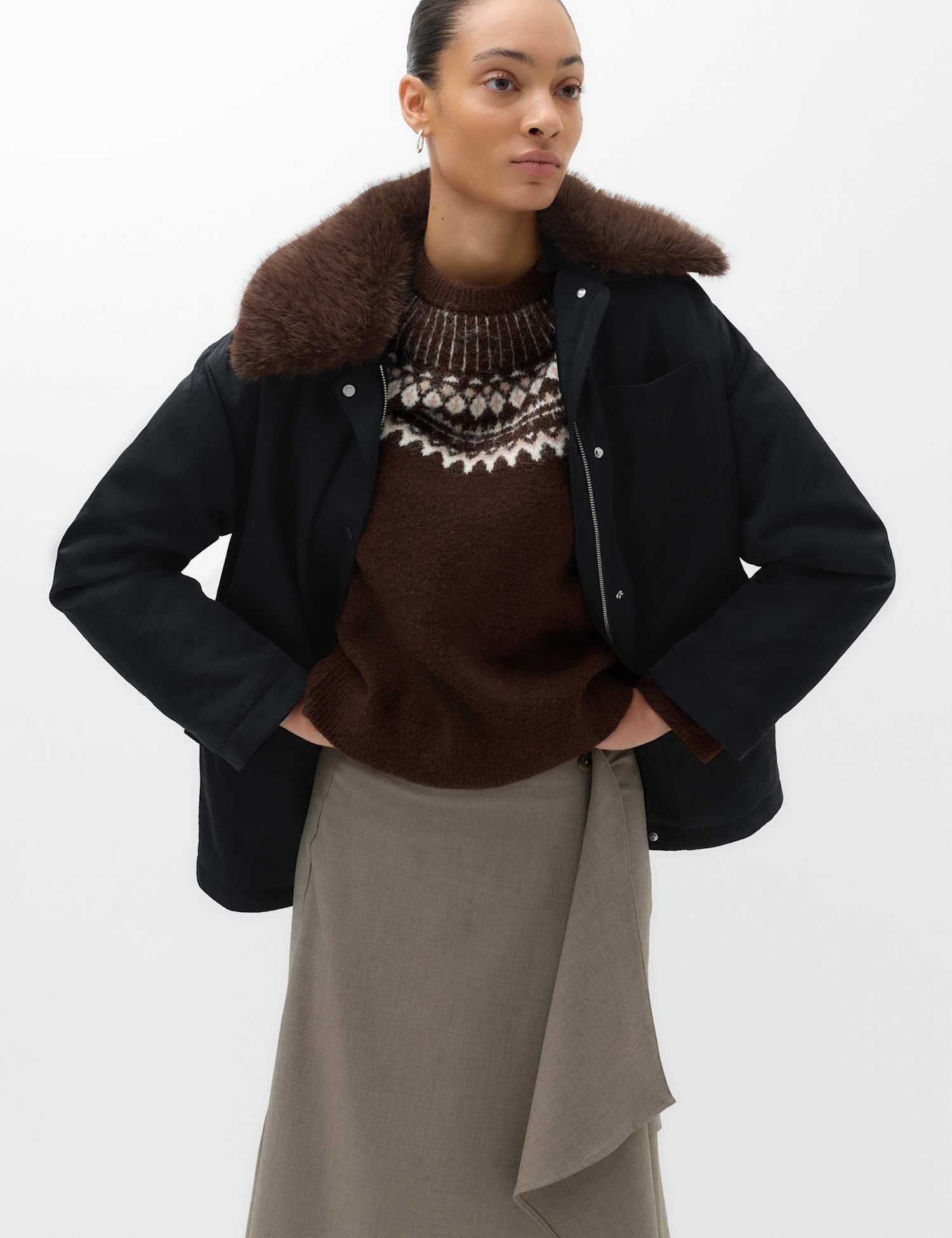 M&S Faux Fur Trim Collared Jacket Black