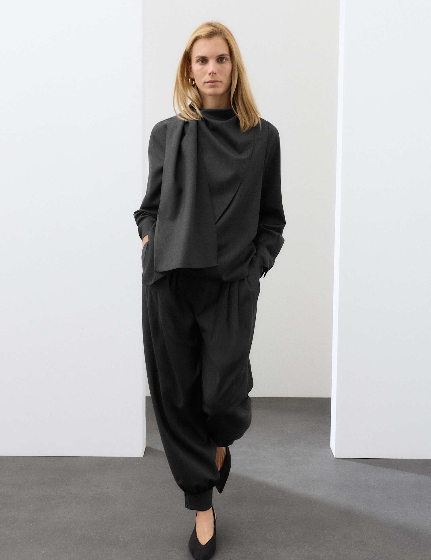 Autograph Wool Blend Draped Scarf Neck Blouse Dark Grey