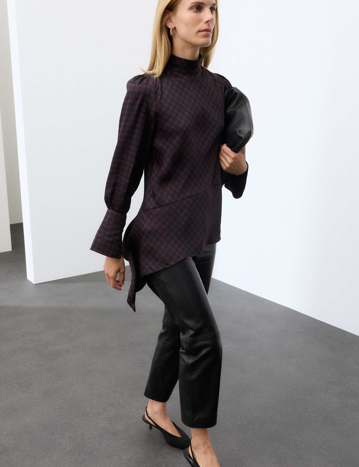 Autograph Satin Checked Tie Neck Asymmetric Blouse Red Mix