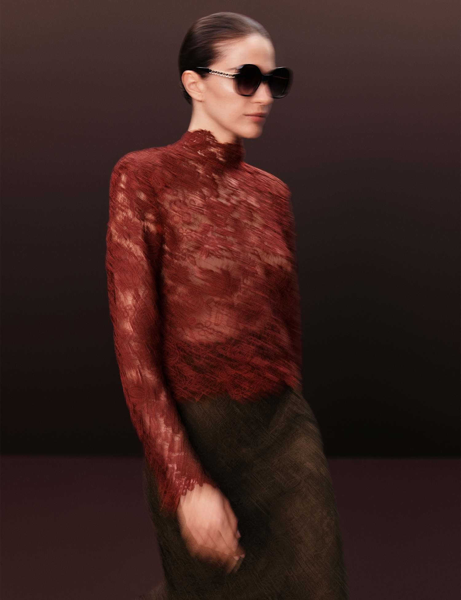 Autograph Lace High Neck Padded Shoulder Top Spice