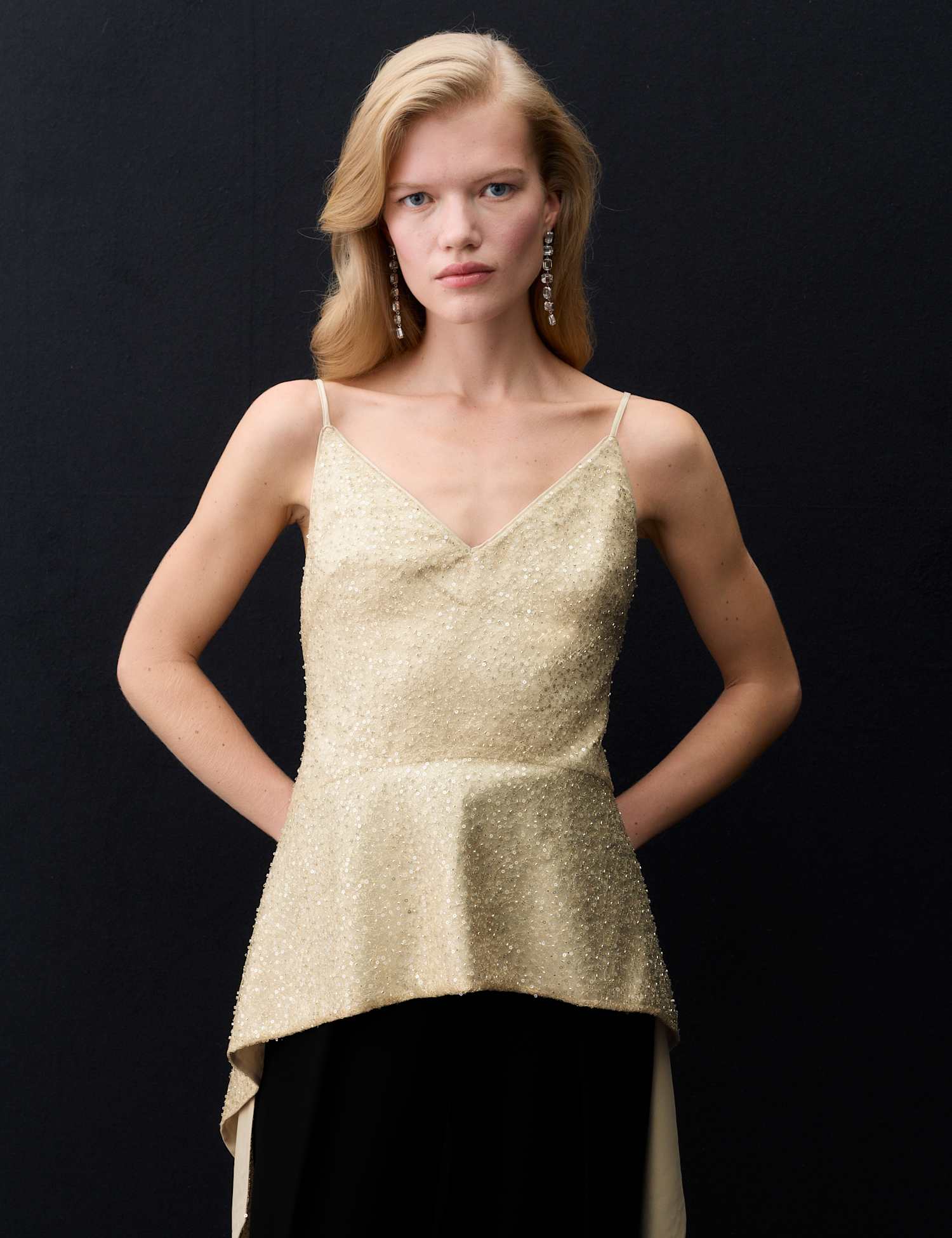 Autograph Sequin V Neck Asymmetric Cami Top Champagne