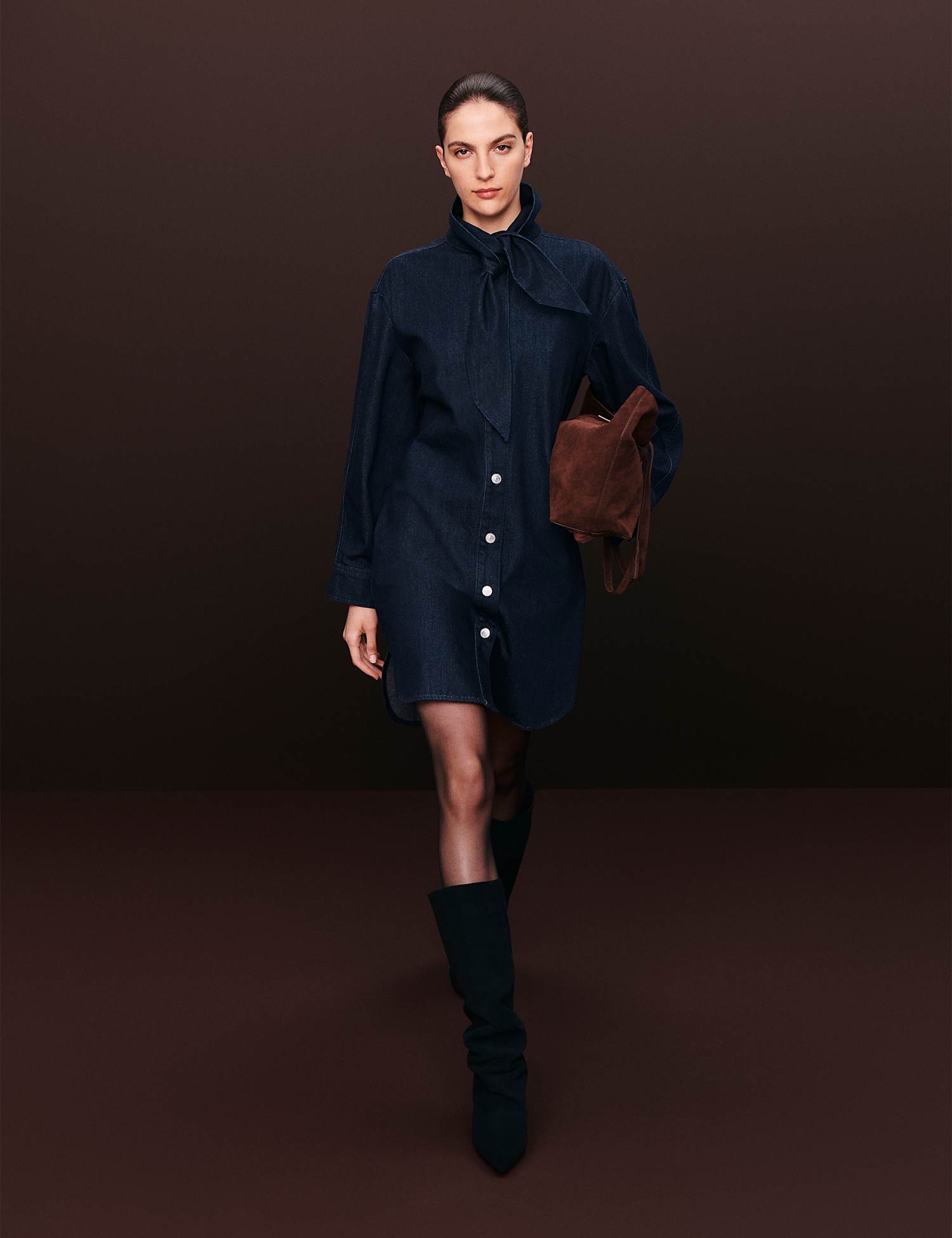 Autograph Denim Tie Neck Mini Shirt Dress Dark Indigo
