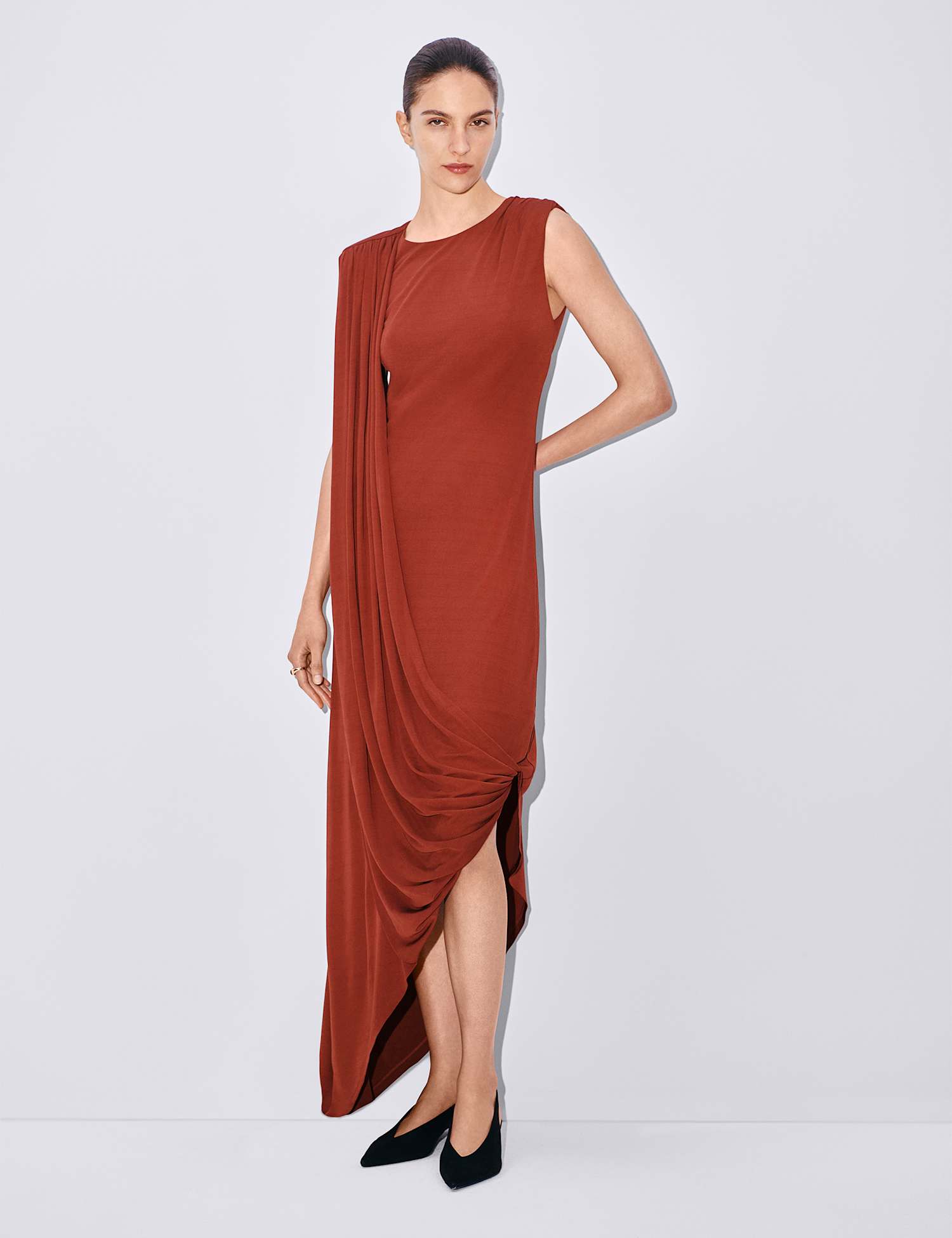 Autograph Jersey Round Neck Draped Midi Column Dress Spice