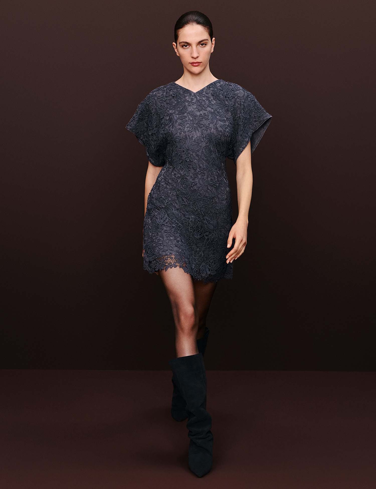 Autograph Lace V Neck Mini Shift Dress Dark Charcoal