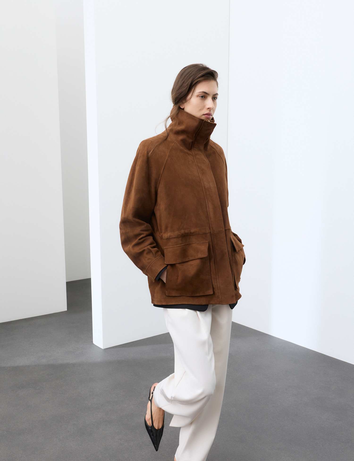 Autograph Suede Funnel Neck Longline Jacket Tan