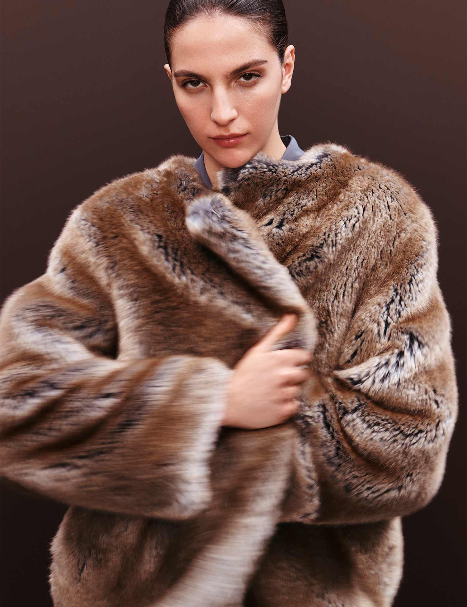 Autograph Faux Fur Collarless Longline Coat Cappuccino