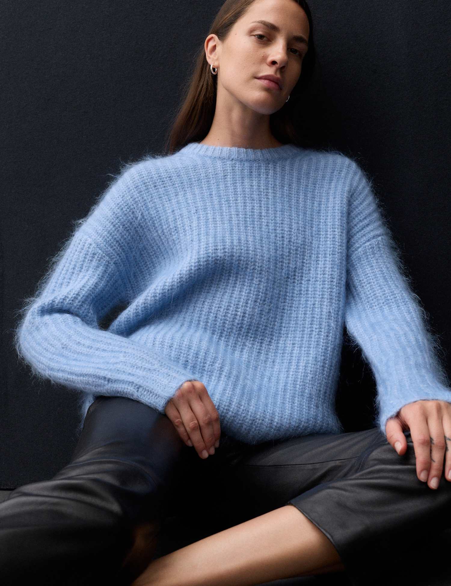 Autograph Mohair Blend Fluffy Ribbed Relaxed Jumper True Blue