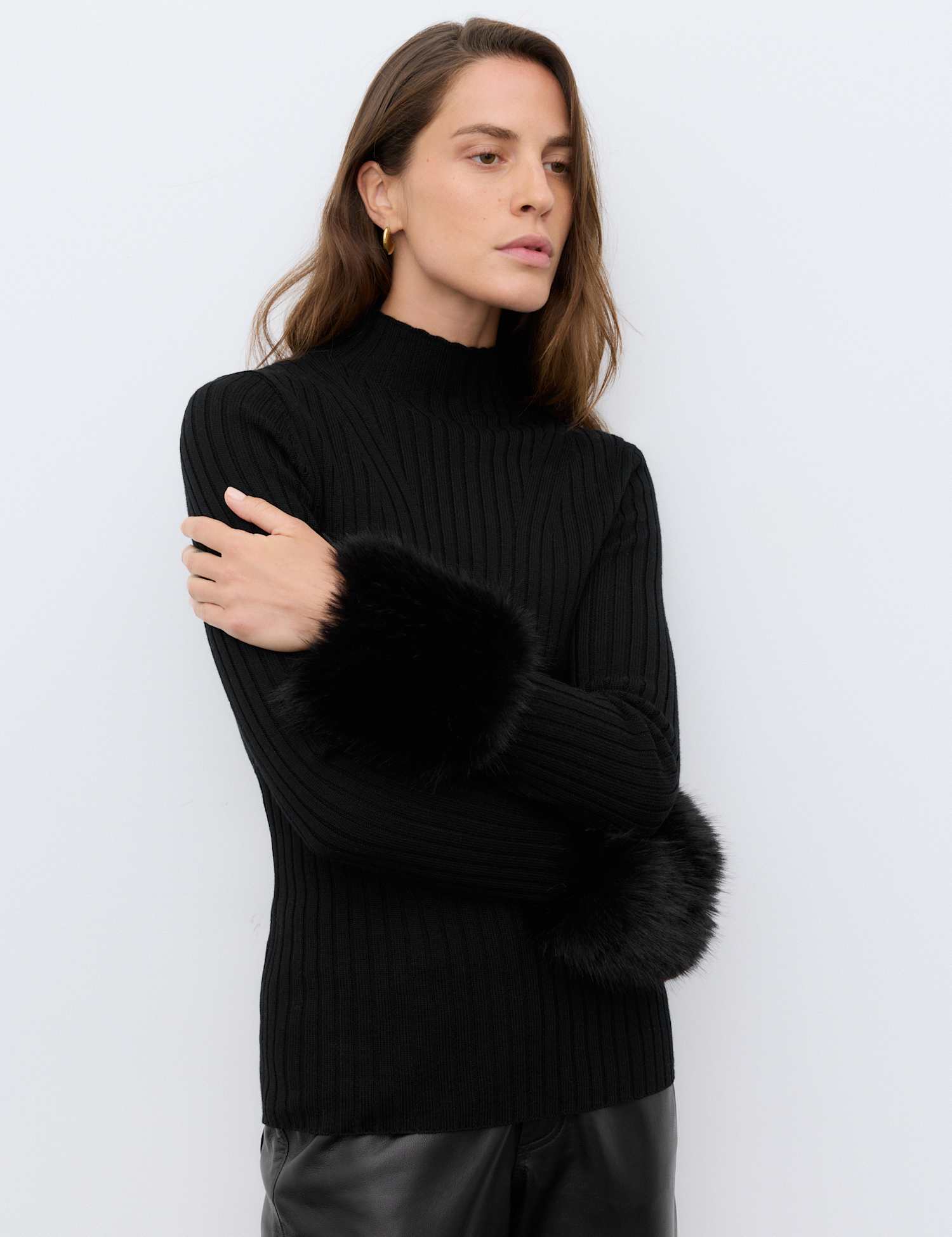 Autograph Pure Merino Wool Ribbed High Neck Fur Trim Jumper Black