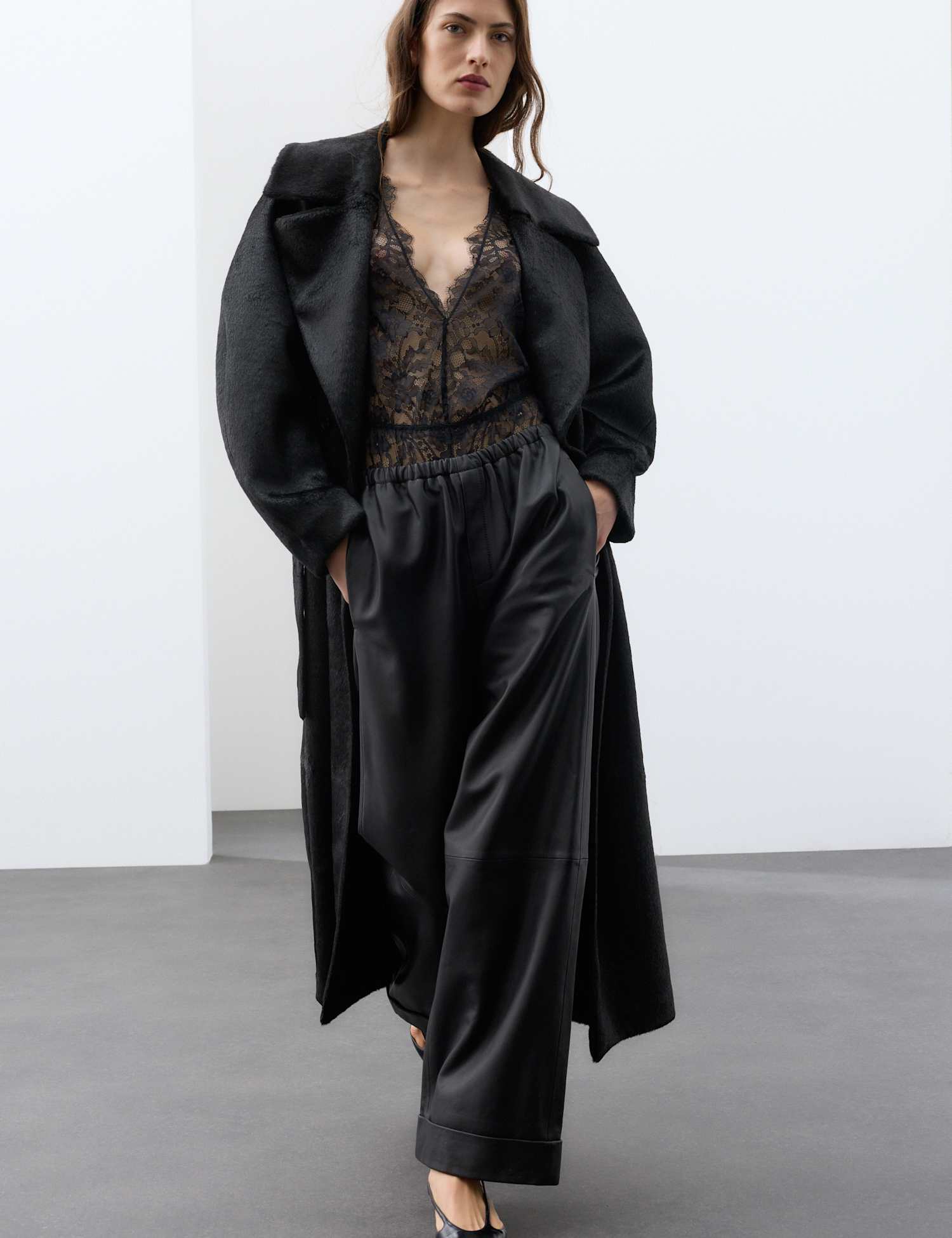 Autograph Leather Mid Rise Straight Leg Turn Up Trousers Black