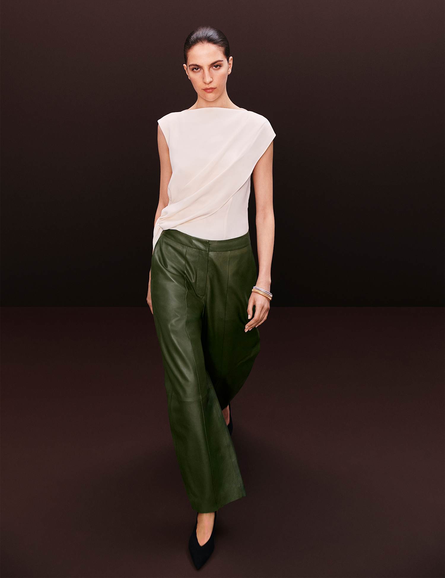 Autograph Leather Seam Detail Barrel Leg Trousers Moss
