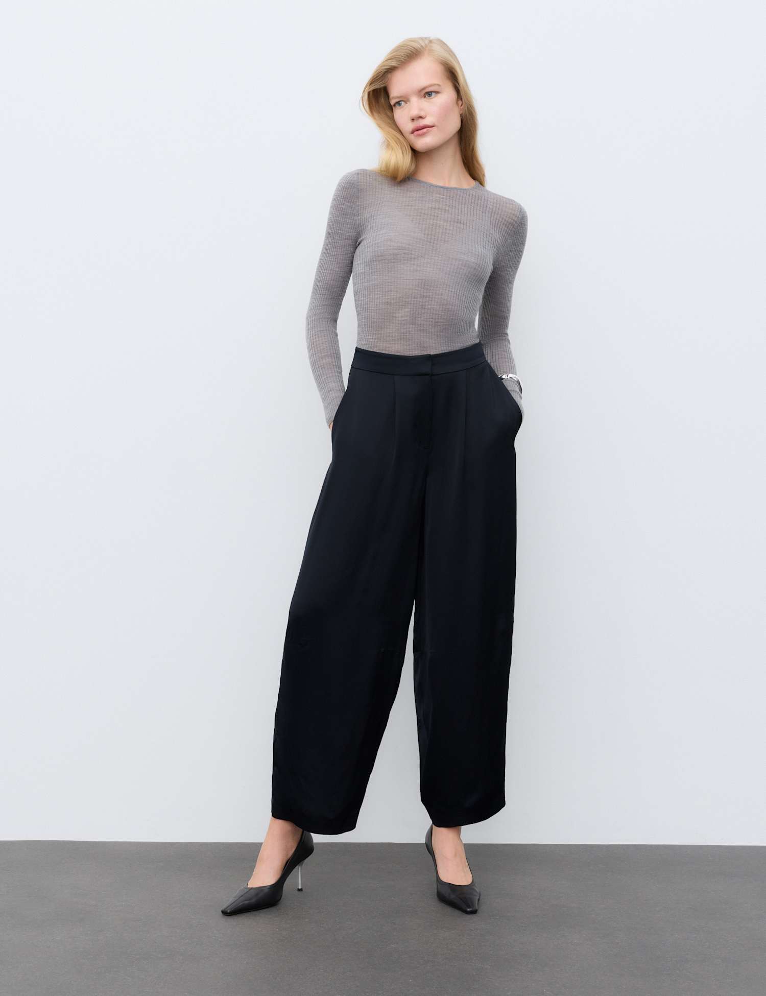 Autograph Satin Pleat Front Barrel Leg Cropped Trousers Dark Navy