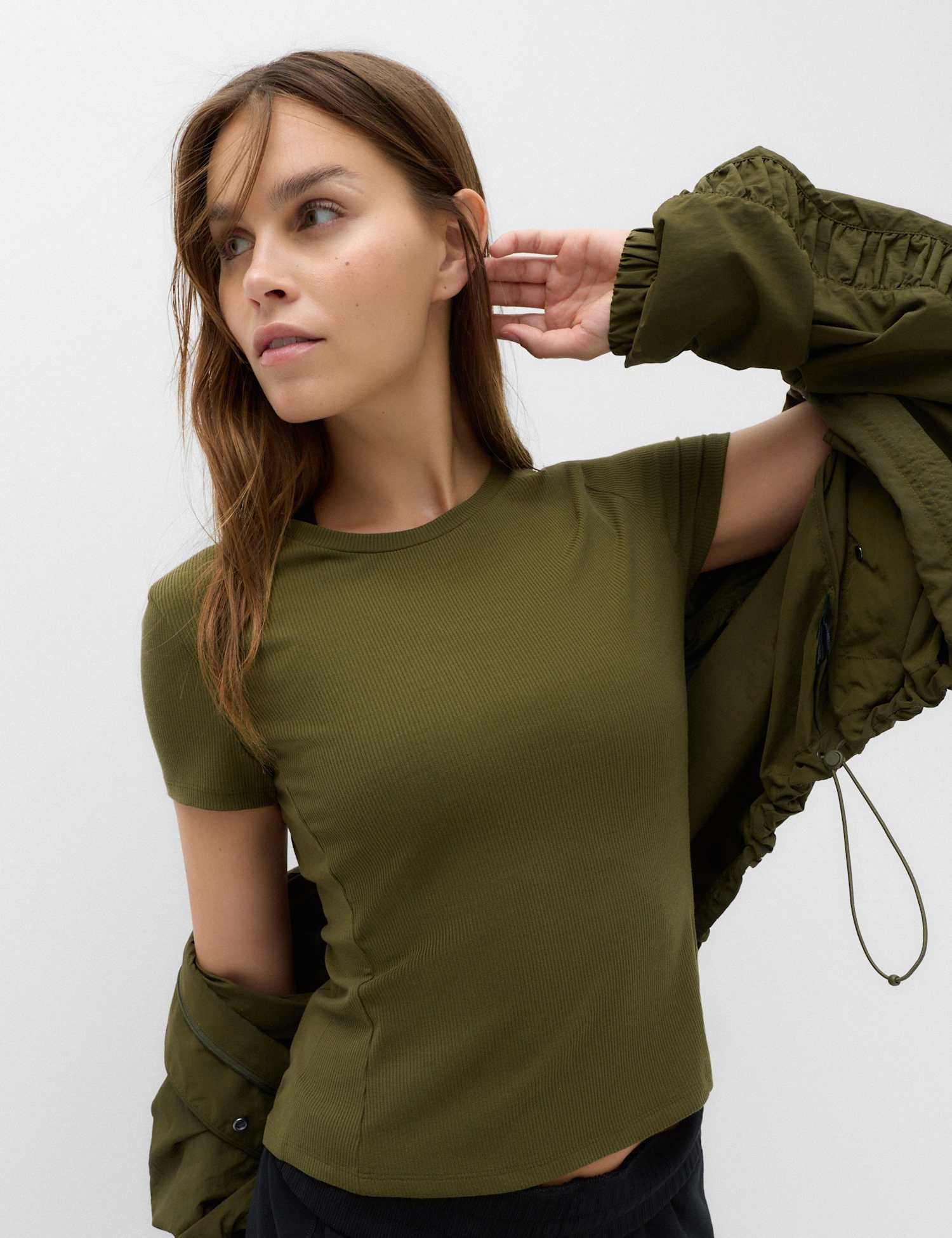 Goodmove Modal Rich Rib Round Neck Fitted T-Shirt Dark Khaki