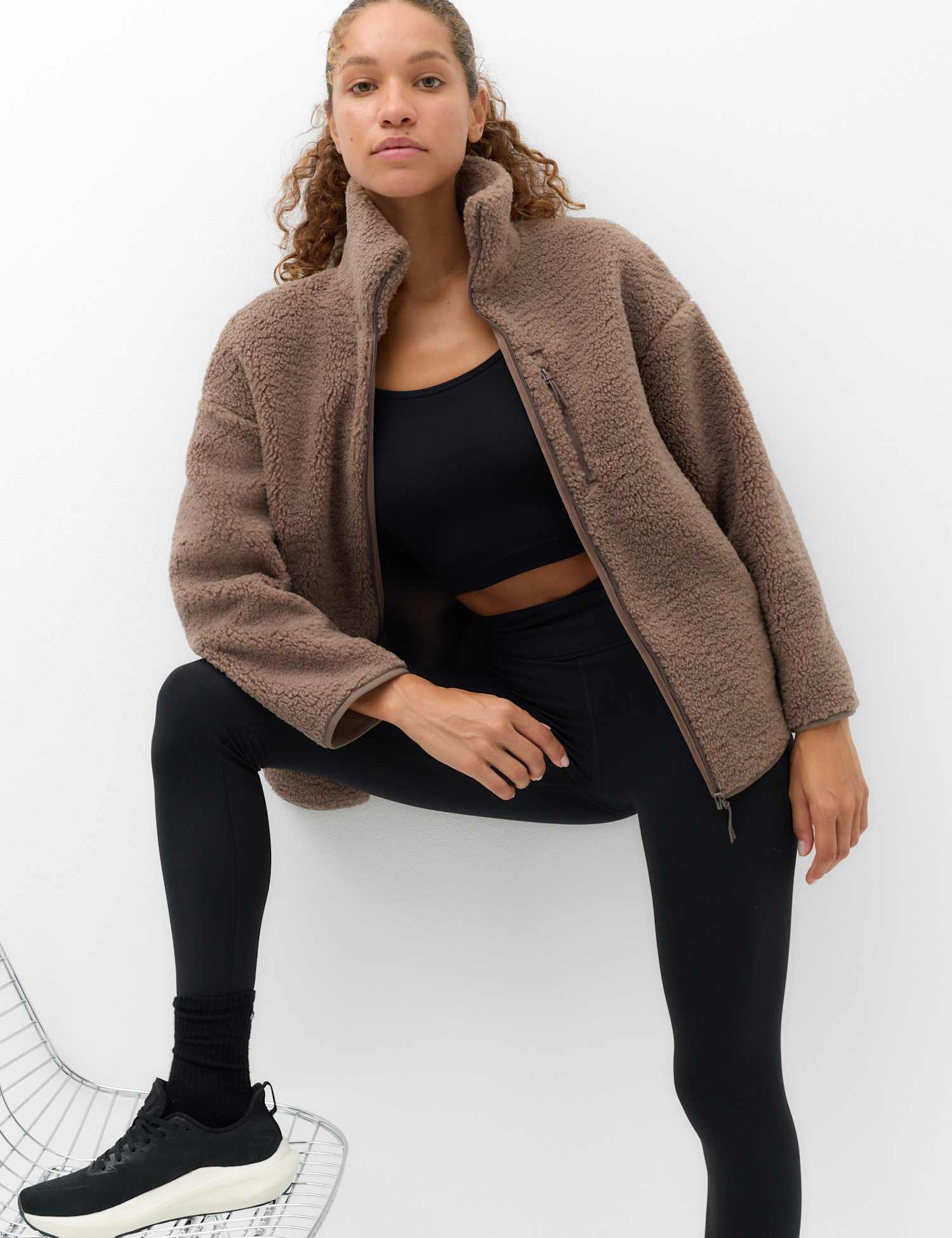 Goodmove Borg Zip Up Longline Fleece Jacket Soft Brown