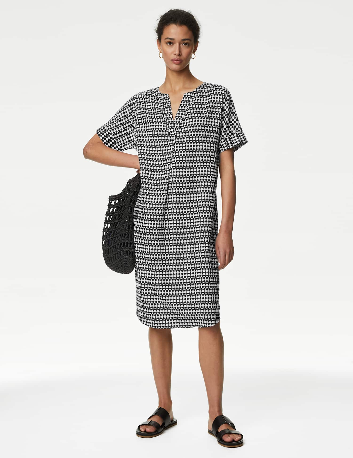 M&S Linen Rich Printed V-Neck Shift Dress Black Mix