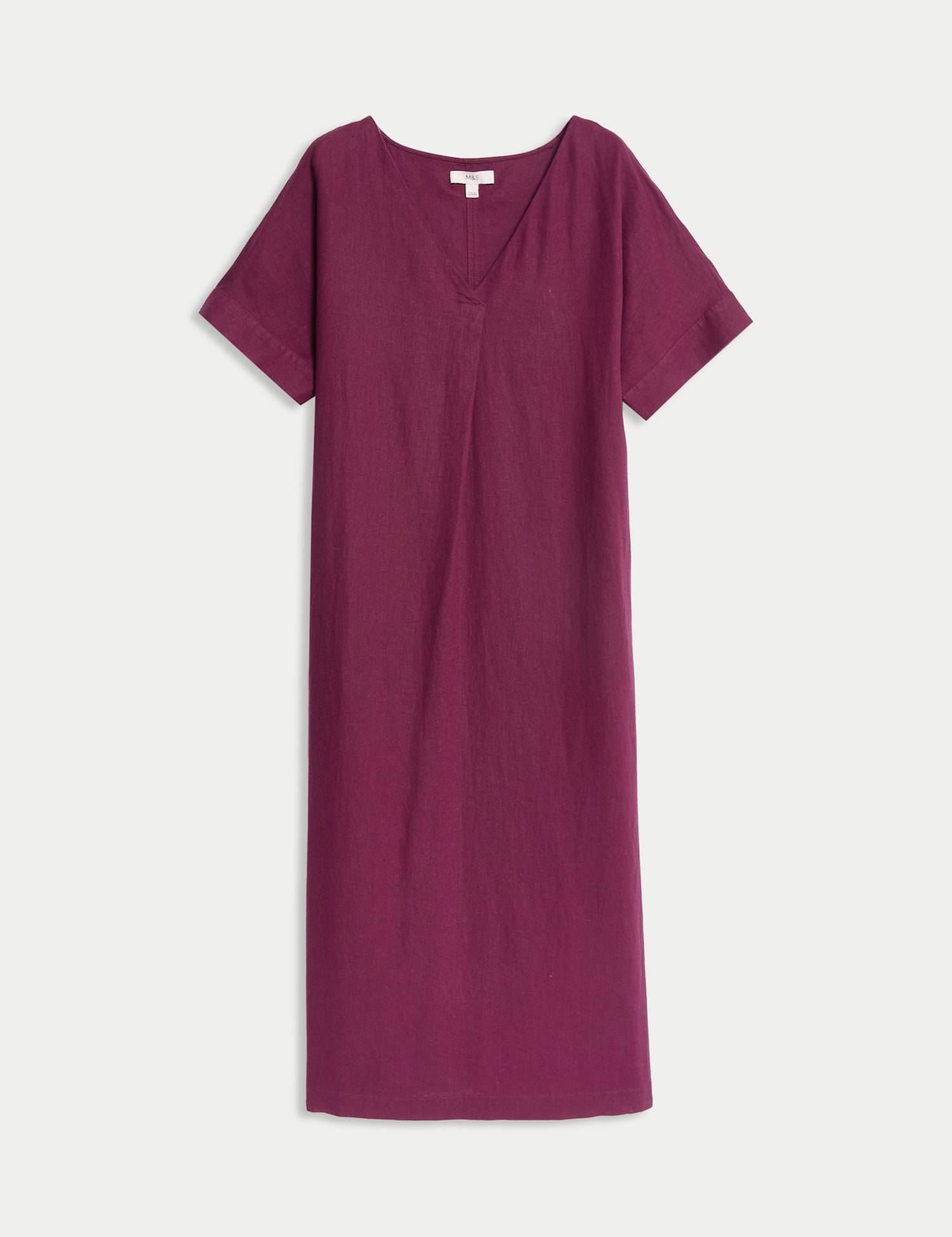 M&S Linen Rich V-Neck Popover Midi Dress Dark Raspberry