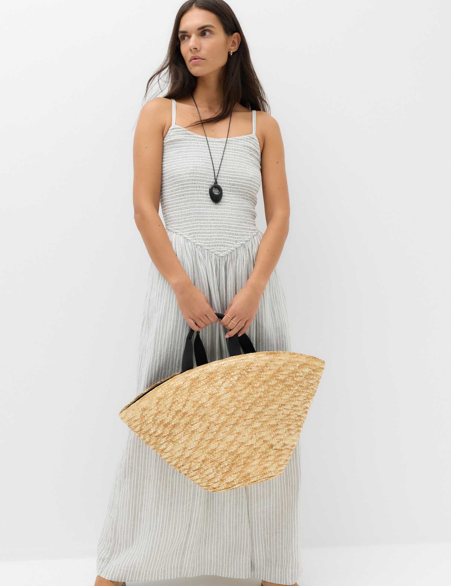 M&S Linen Rich Shirred Maxi Shift Dress Ivory Mix