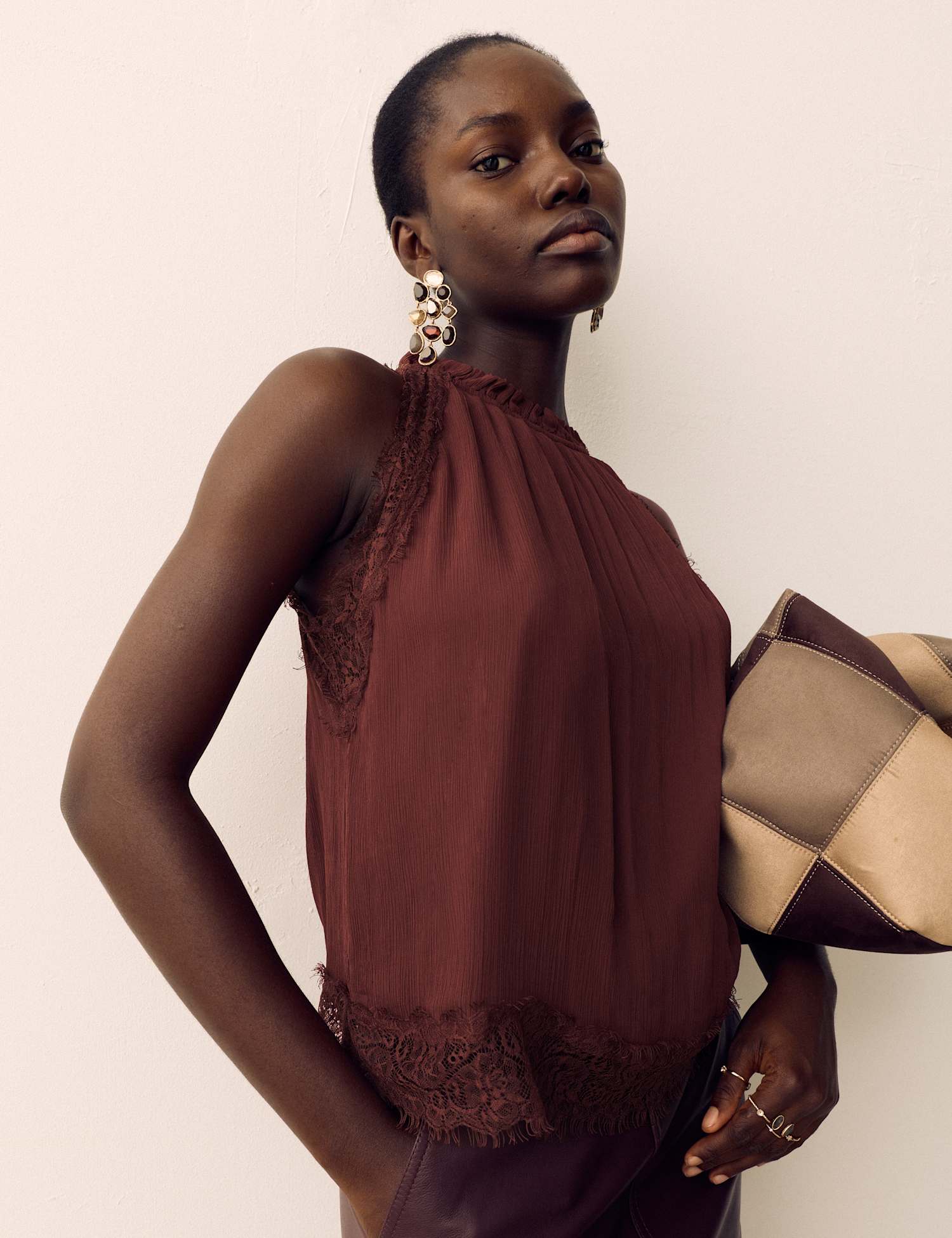 Per Una Lace Trim Halter Neck Top Raisin