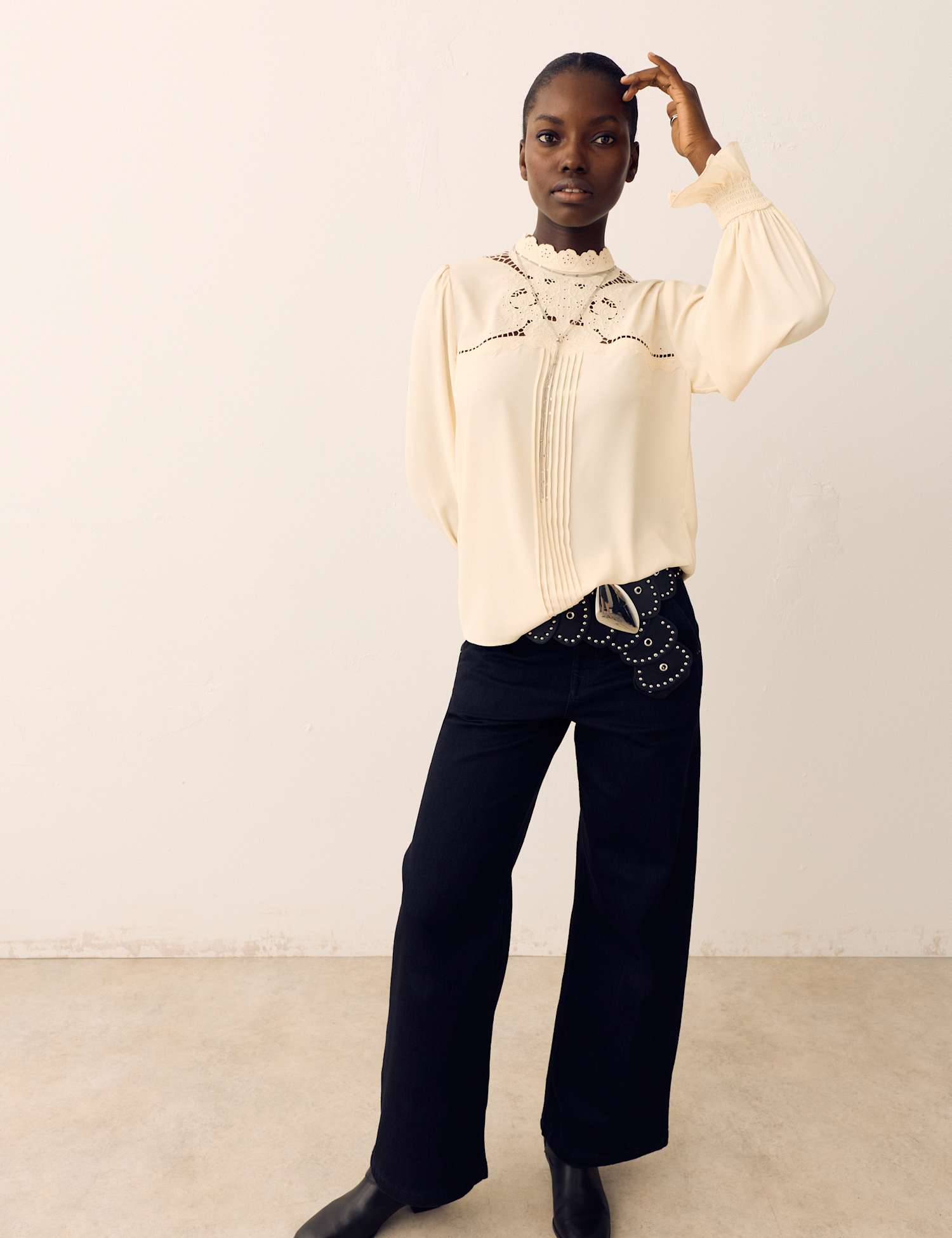 Per Una Broderie High Neck Blouse Ecru