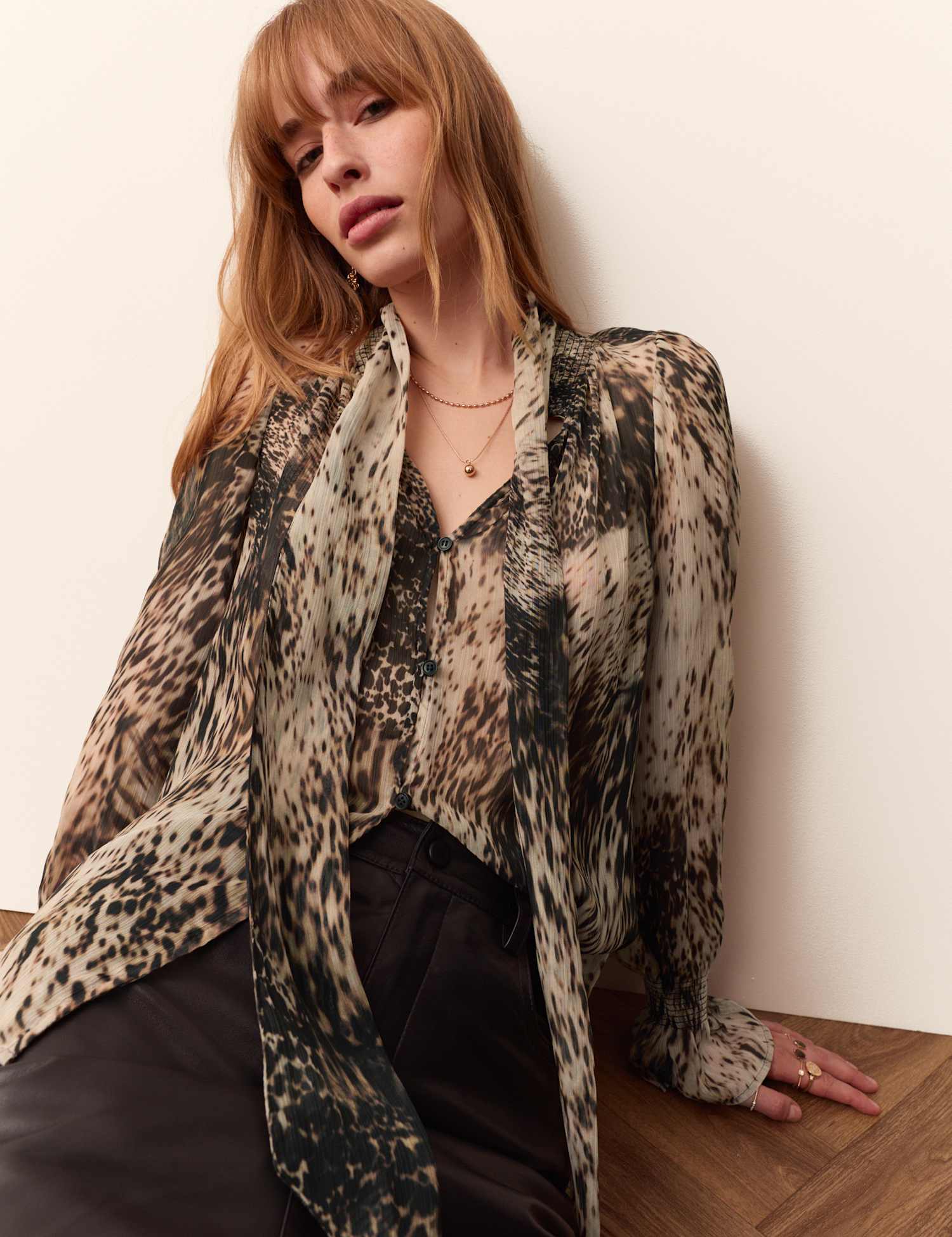 Per Una Animal Print Tie Neck Blouse Natural Mix