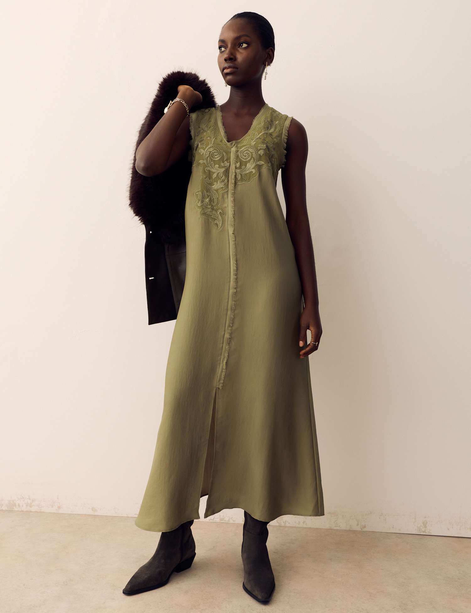 Per Una Satin Embroidered Midi Slip Dress Sage