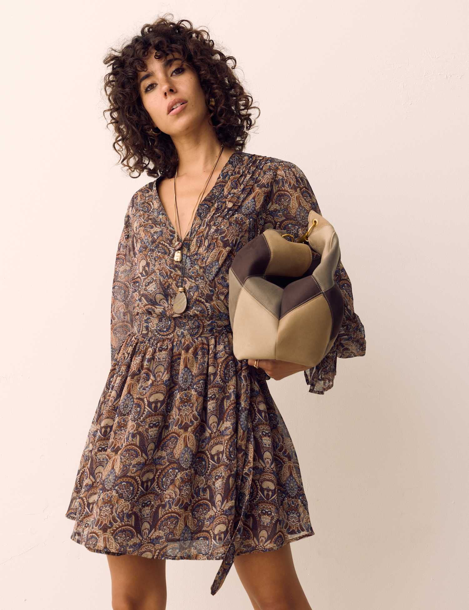 Per Una Paisley Floral V Neck Wrap Mini Dress Brown Mix