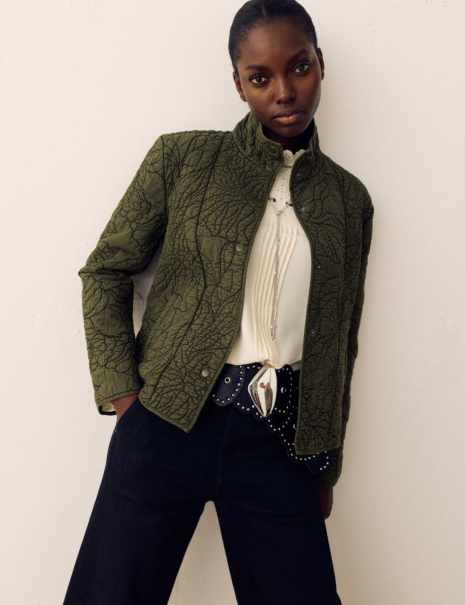 Per Una Embroidered Quilted Funnel Neck Jacket Khaki