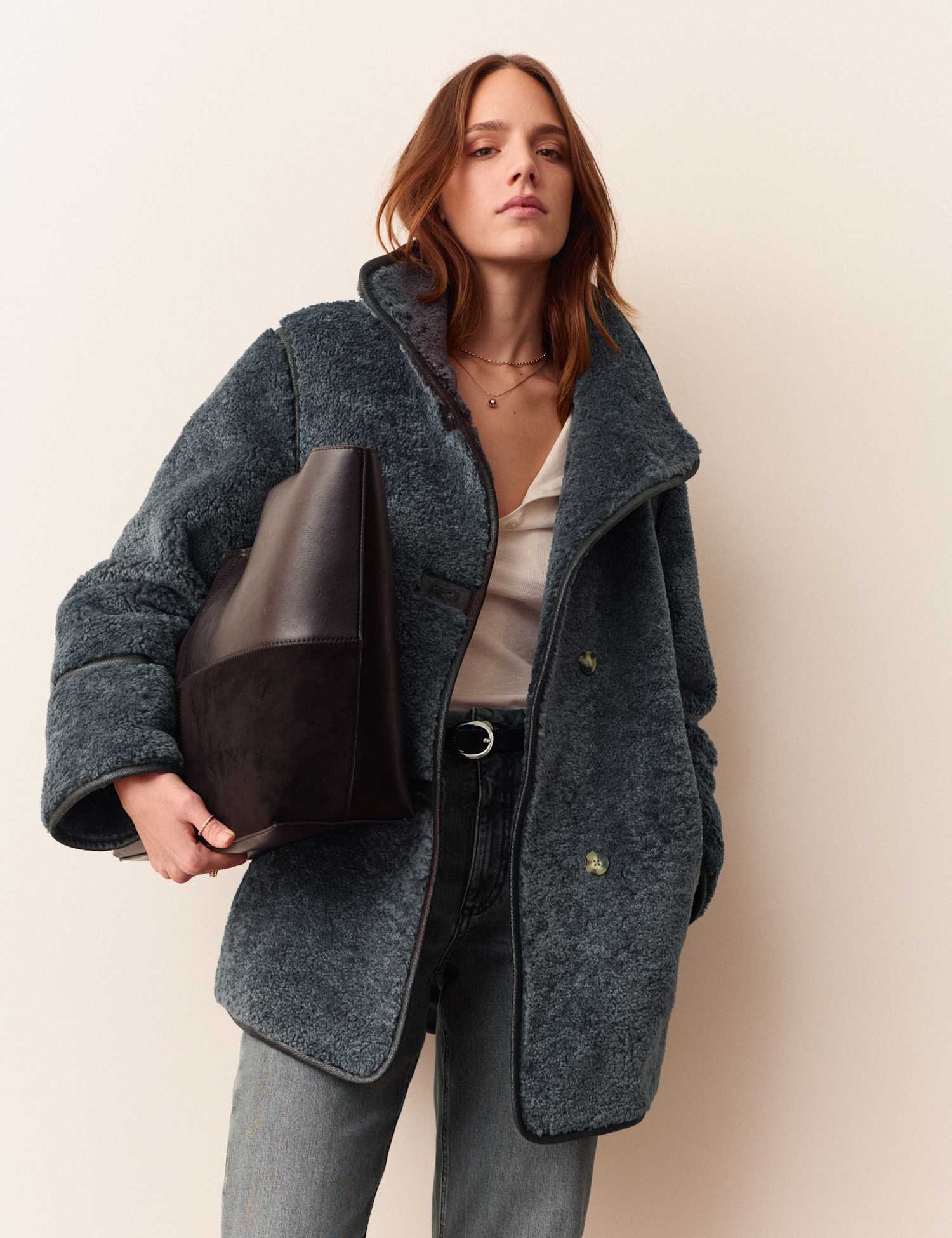Per Una Borg Textured Funnel Neck Coat Navy