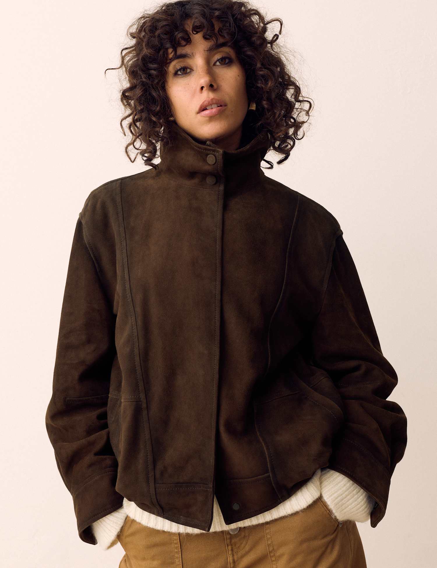 Per Una Suede Funnel Neck Short Jacket Brown