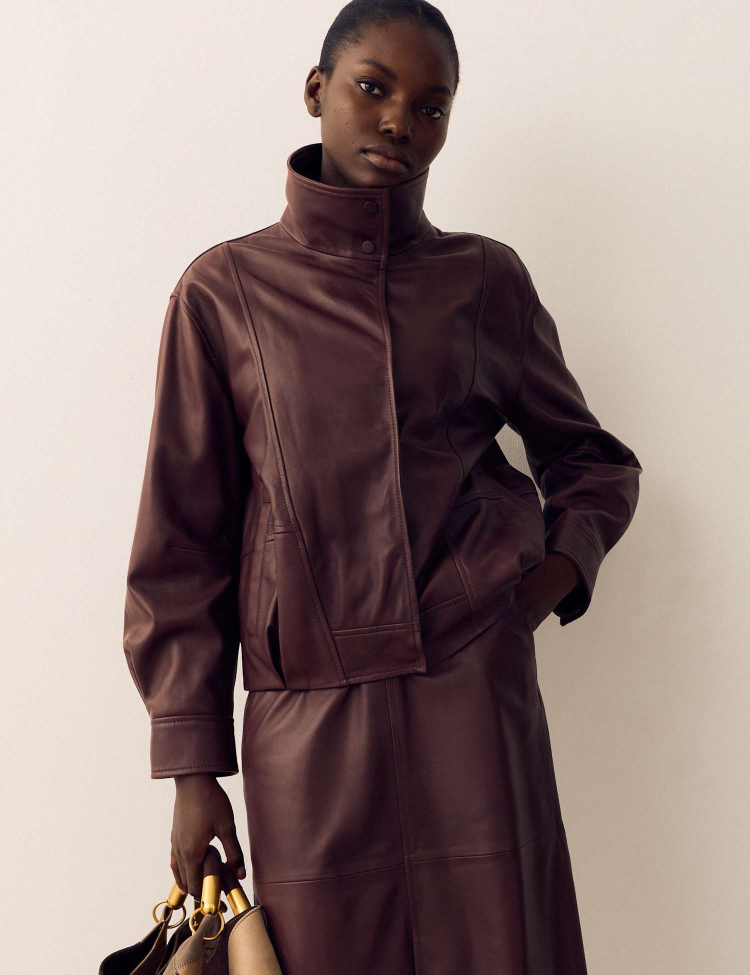 Per Una Leather Funnel Neck Jacket Raisin
