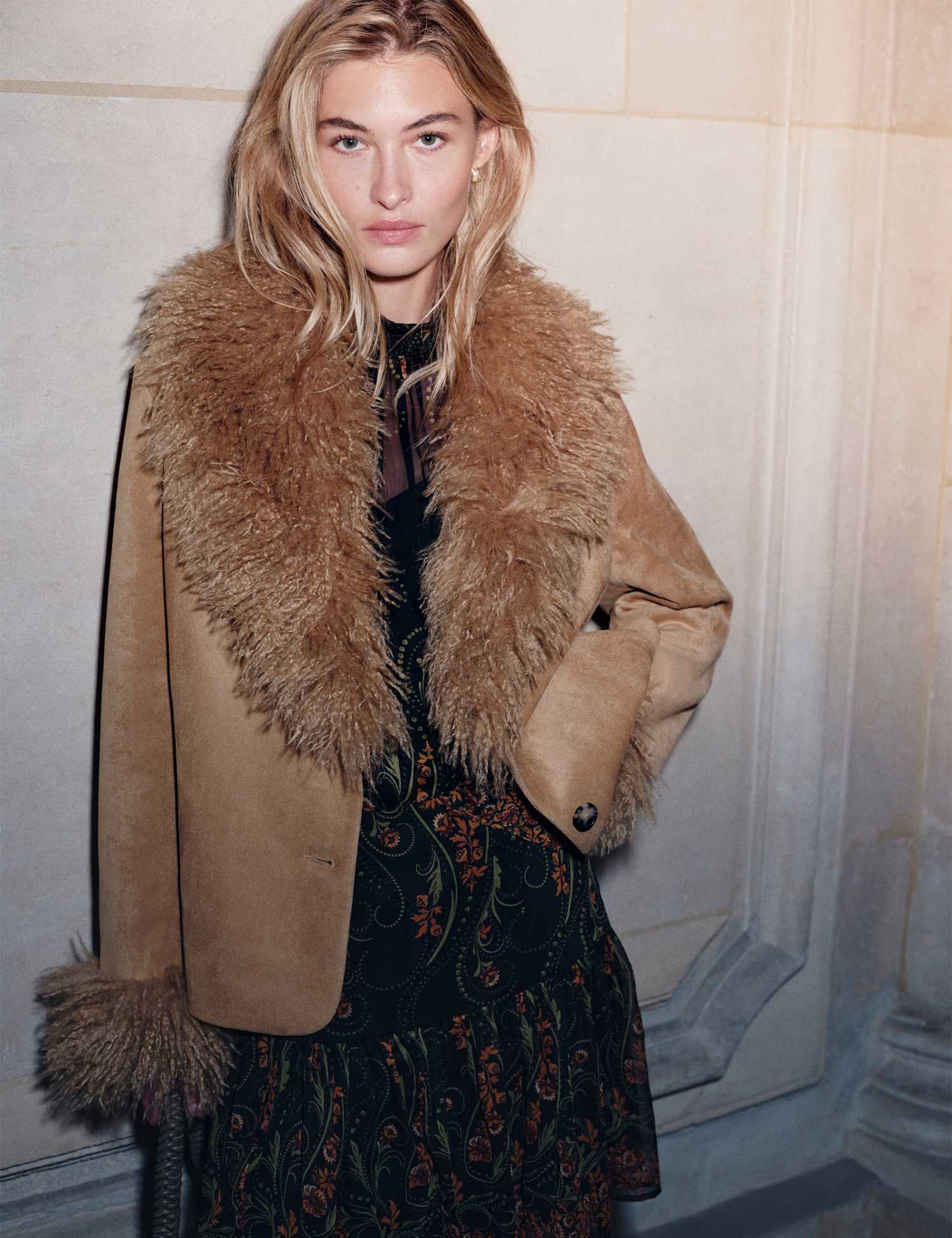 Per Una Faux Fur Collar Suedette Jacket Sandstone
