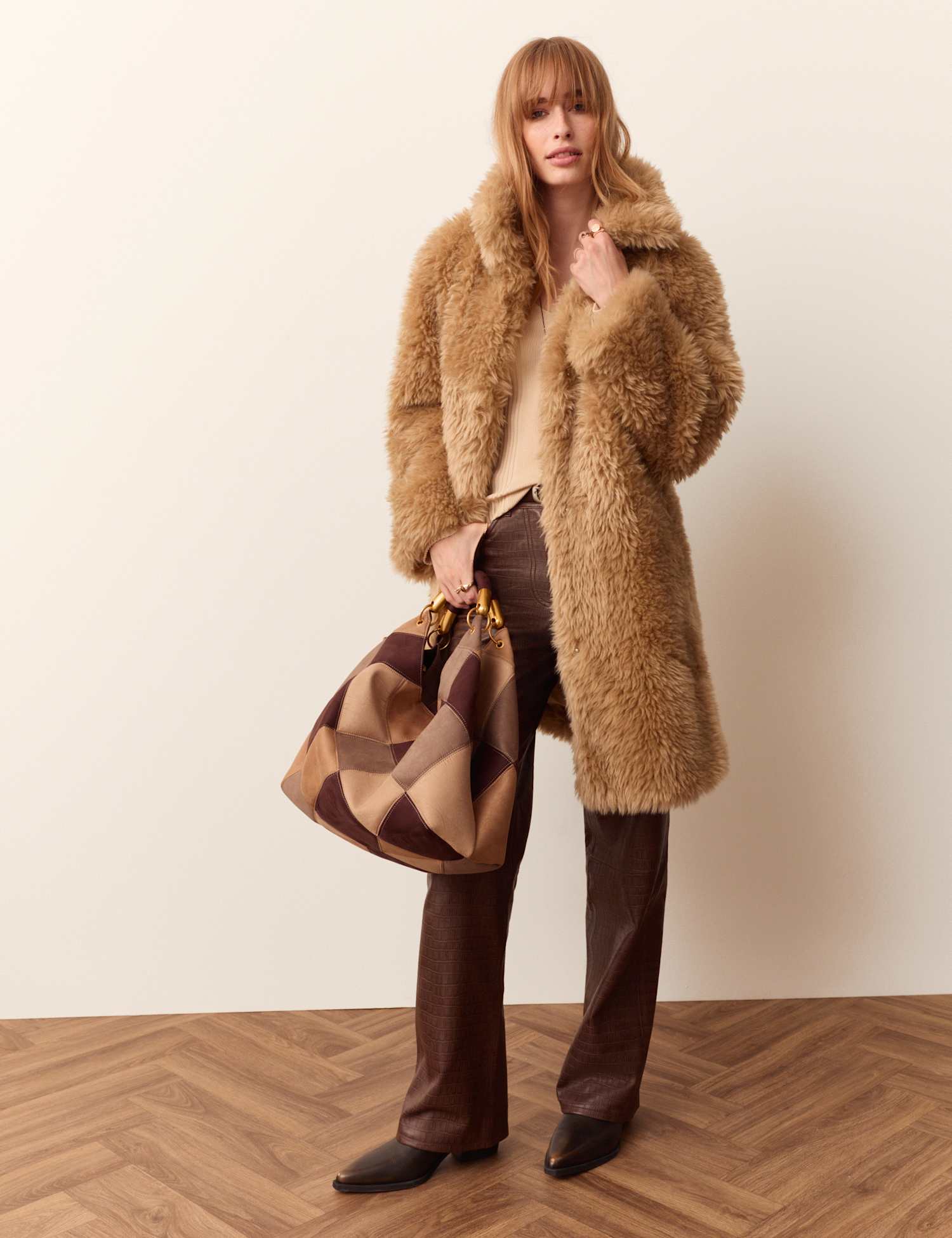 Per Una Faux Fur Textured Funnel Neck Coat Light Beige