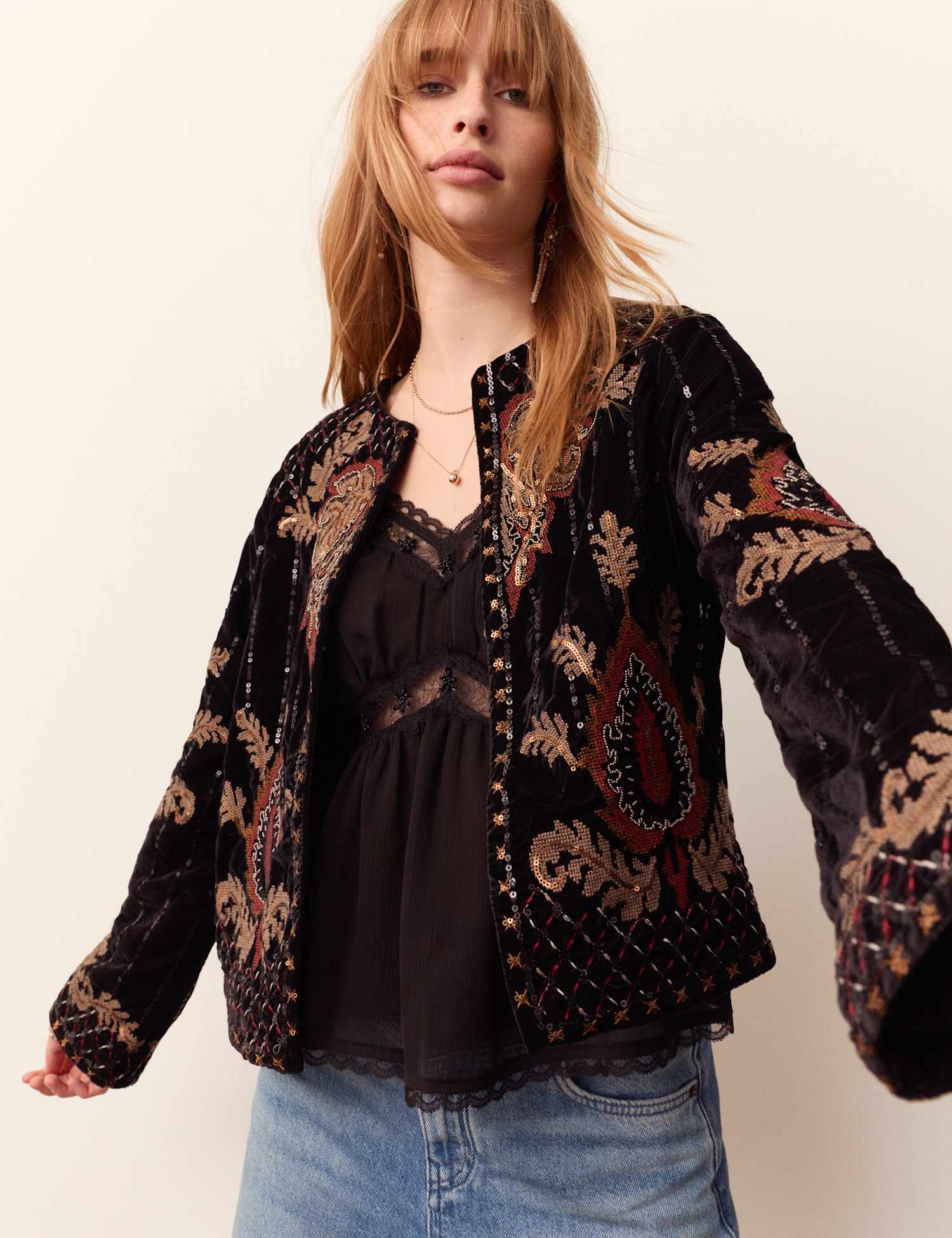 Per Una Velvet Embellished Crew Neck Short Jacket Black Mix