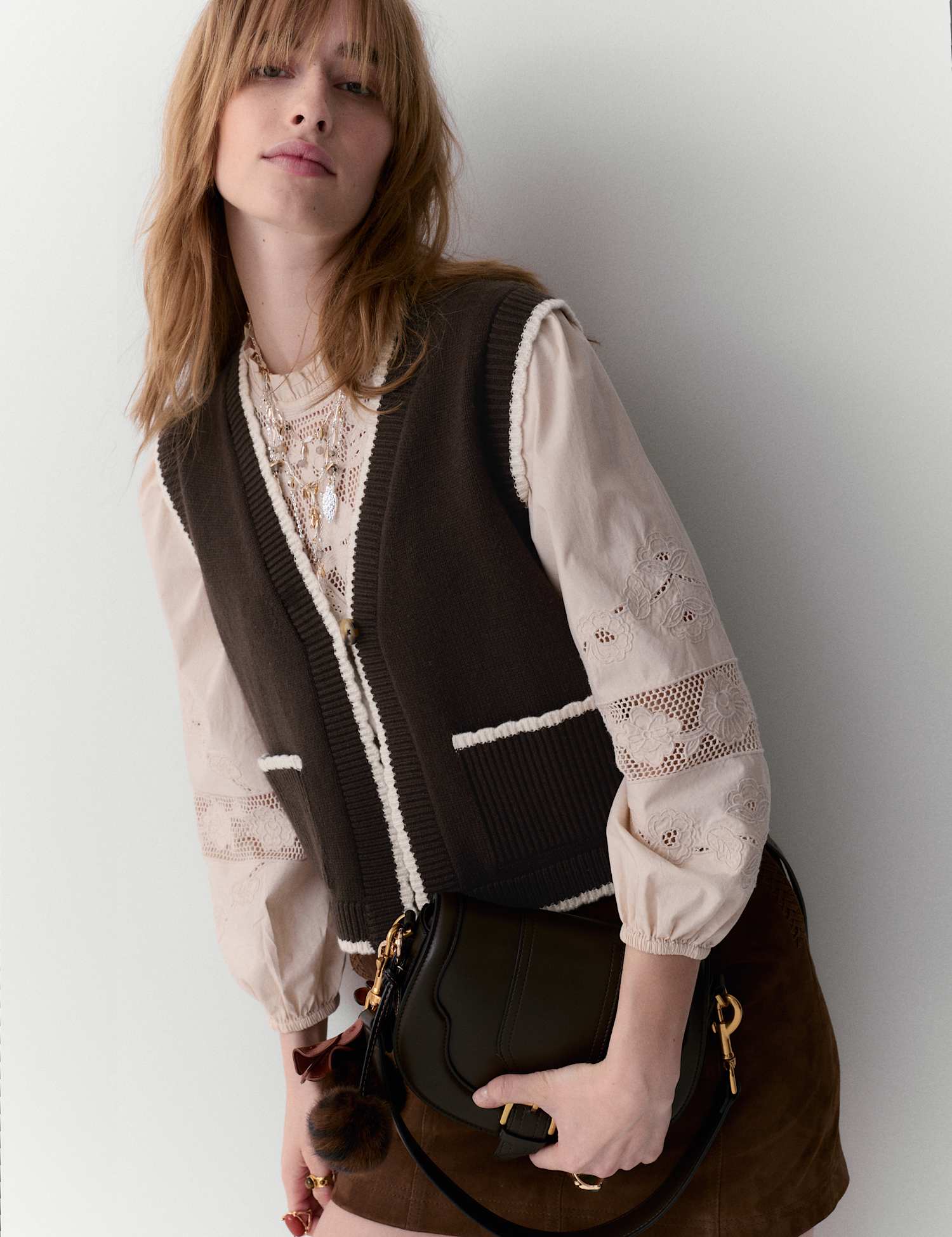 Per Una Scallop Edge Detail Knitted Tabard With Wool Brown Mix