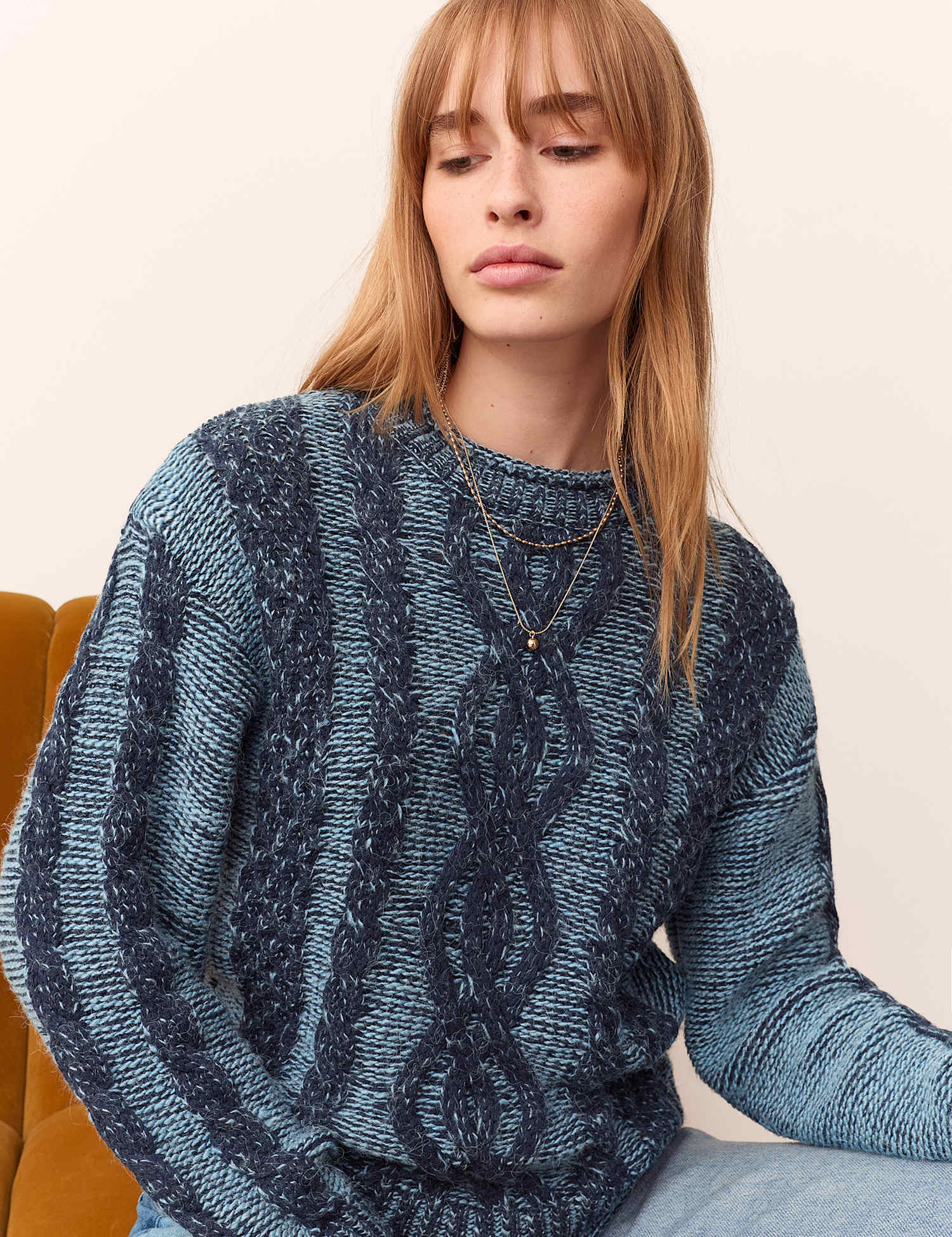 Per Una Cable Knit Crew Neck Relaxed Jumper Navy Mix