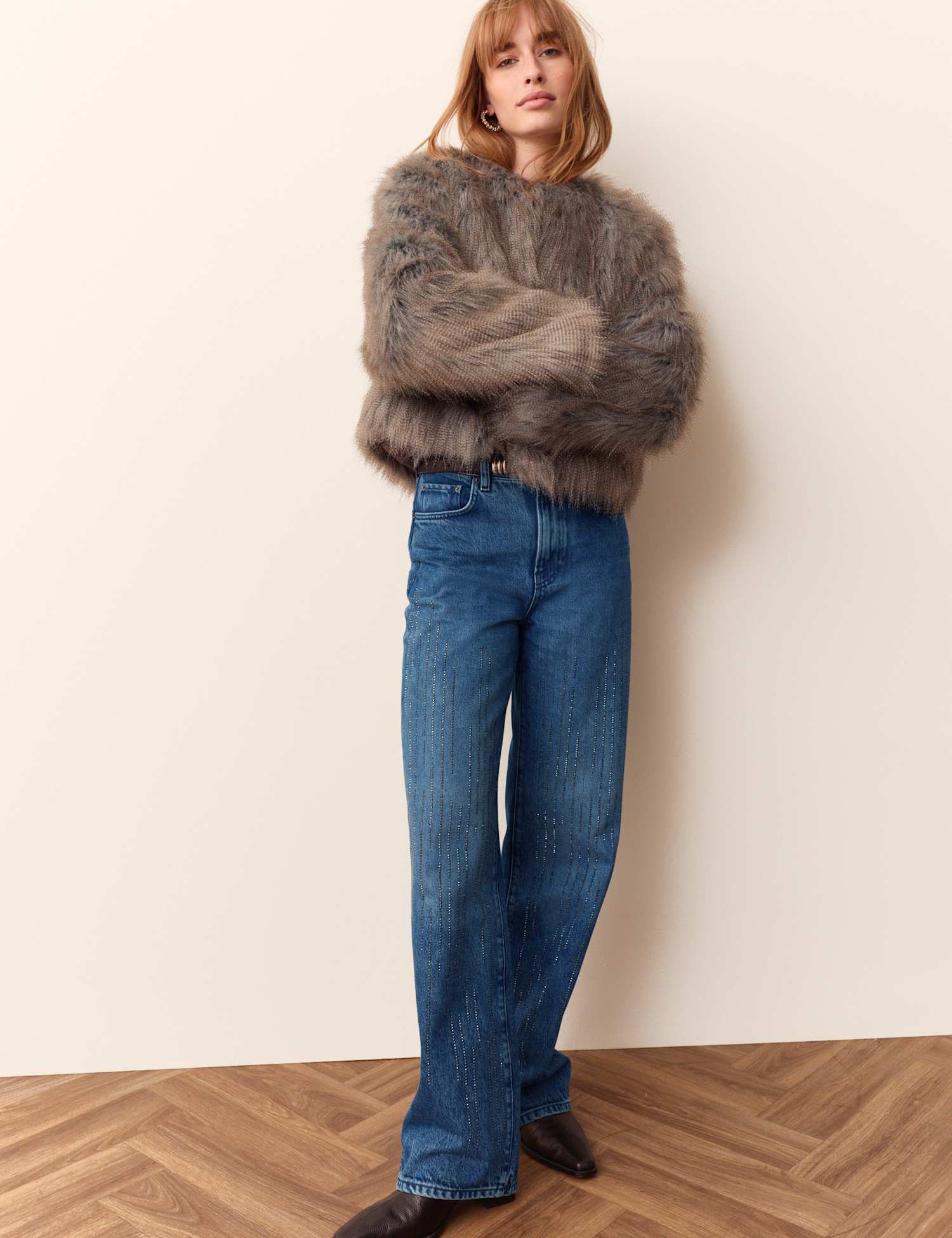Per Una High Waisted Embellished Wide Leg Jeans Dark Indigo