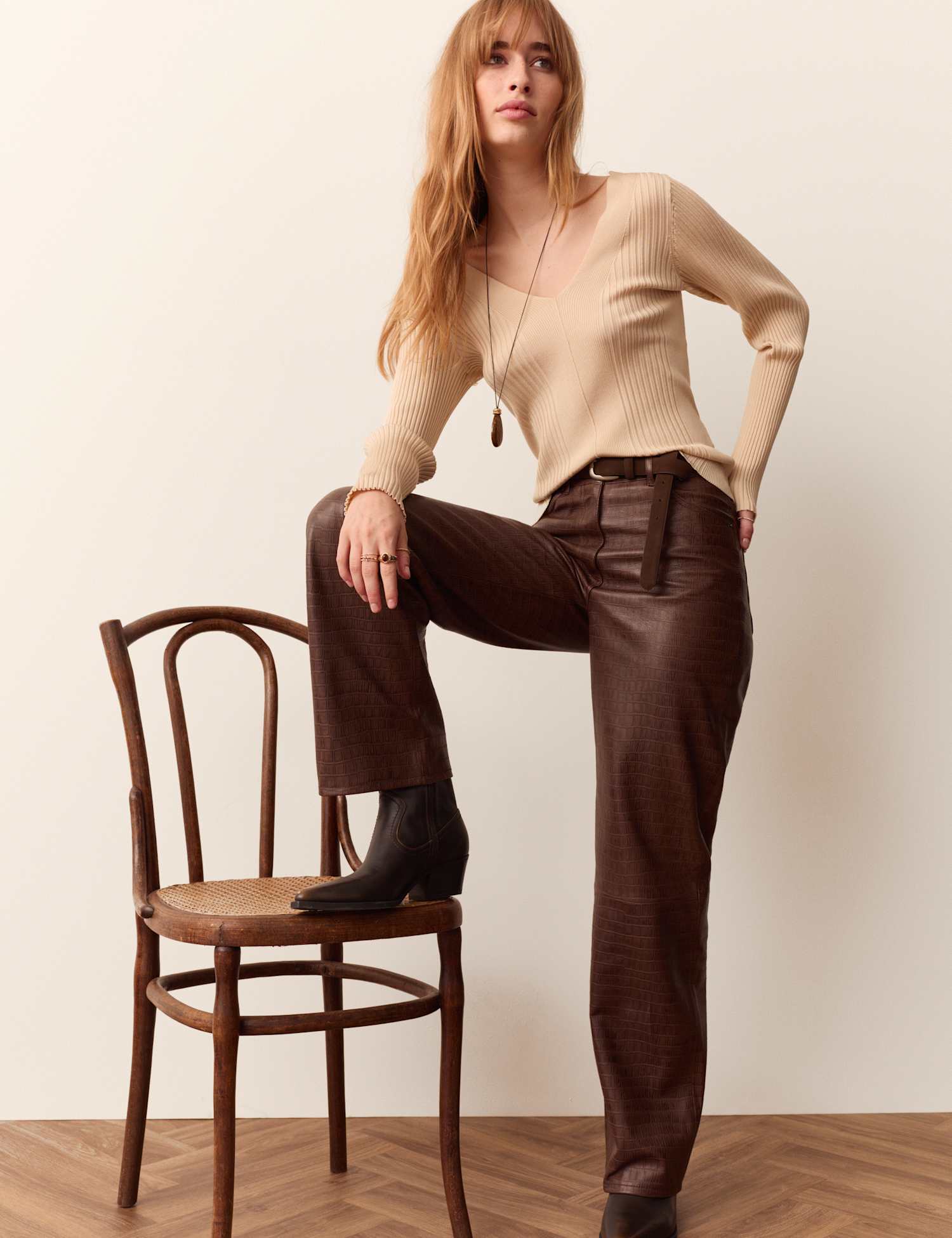 Per Una Leather Textured  Straight Leg Trousers Brown