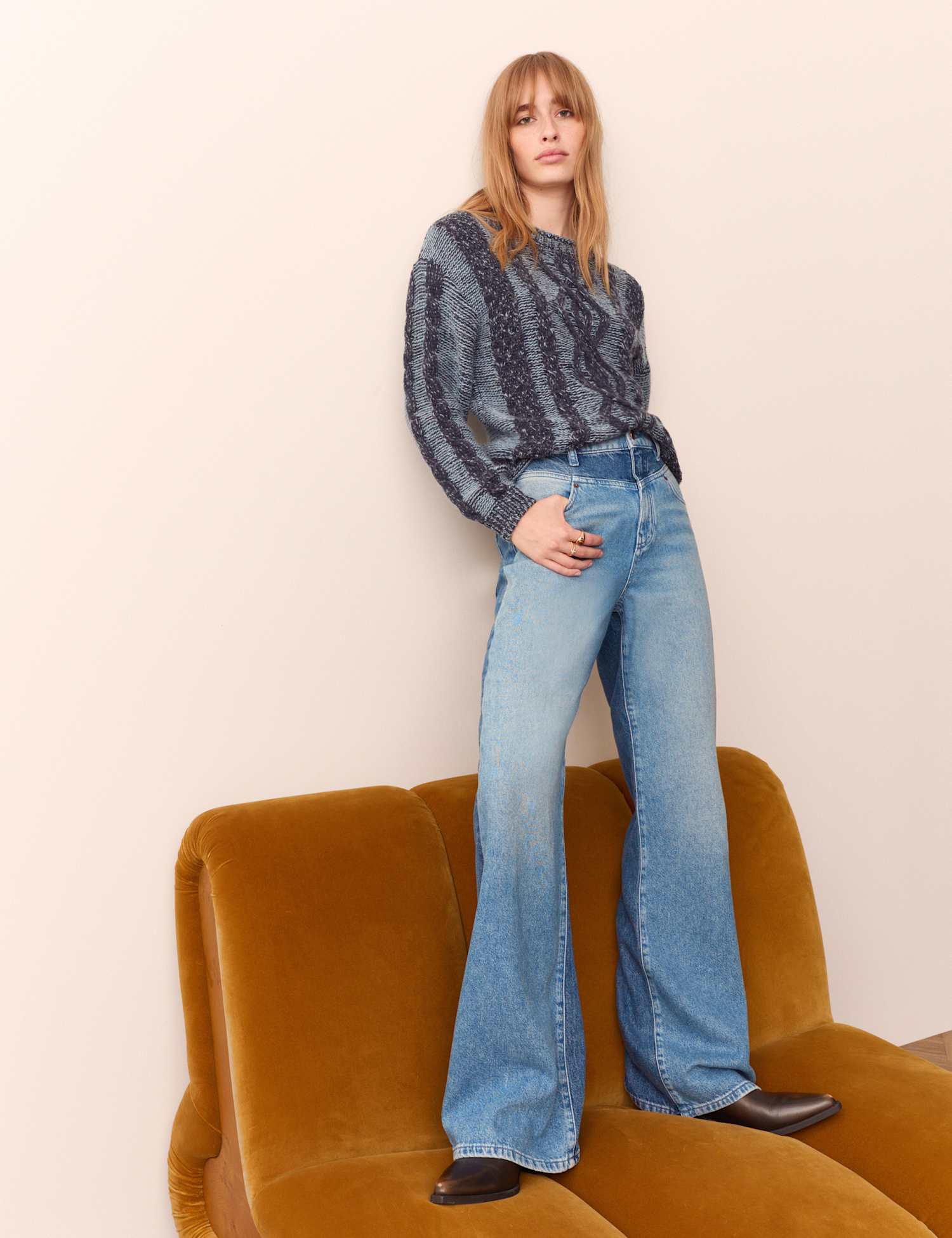 Per Una Lyocell Blend Mid Rise Two Tone Bootcut Jeans Medium Indigo