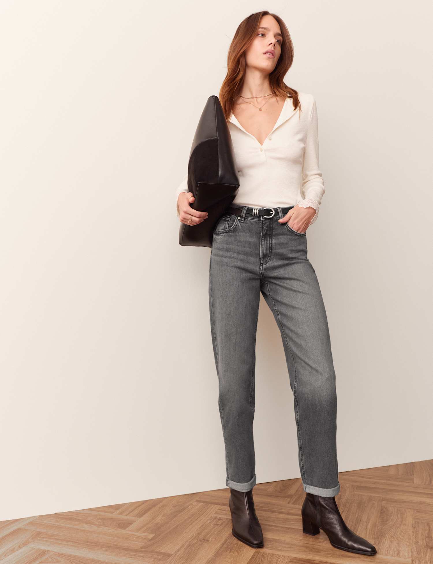 Per Una Girlfriend Mid Rise Turn Up Jeans with Lyocell Ash Grey