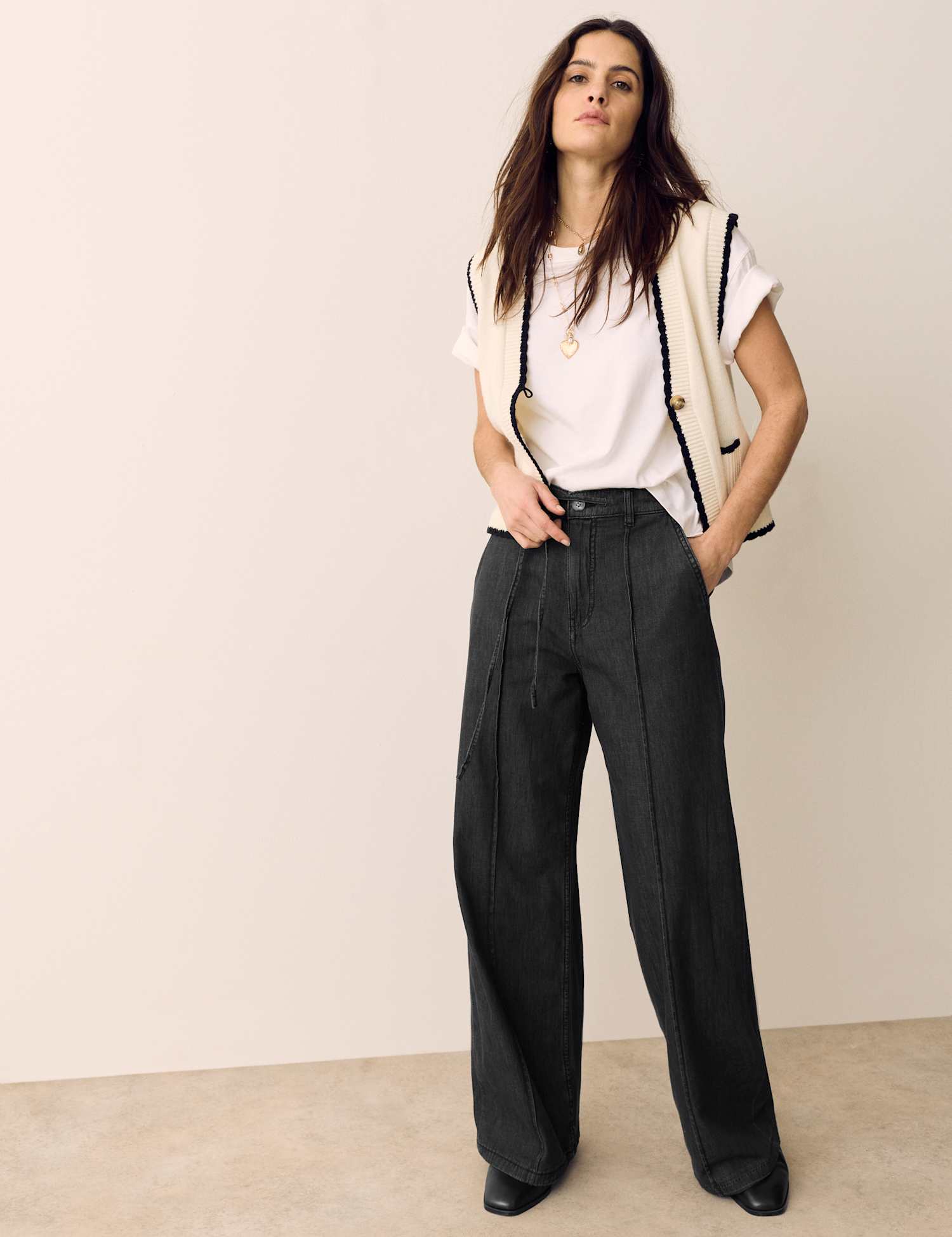 Per Una Denim Pintuck Wide Leg Jeans Black