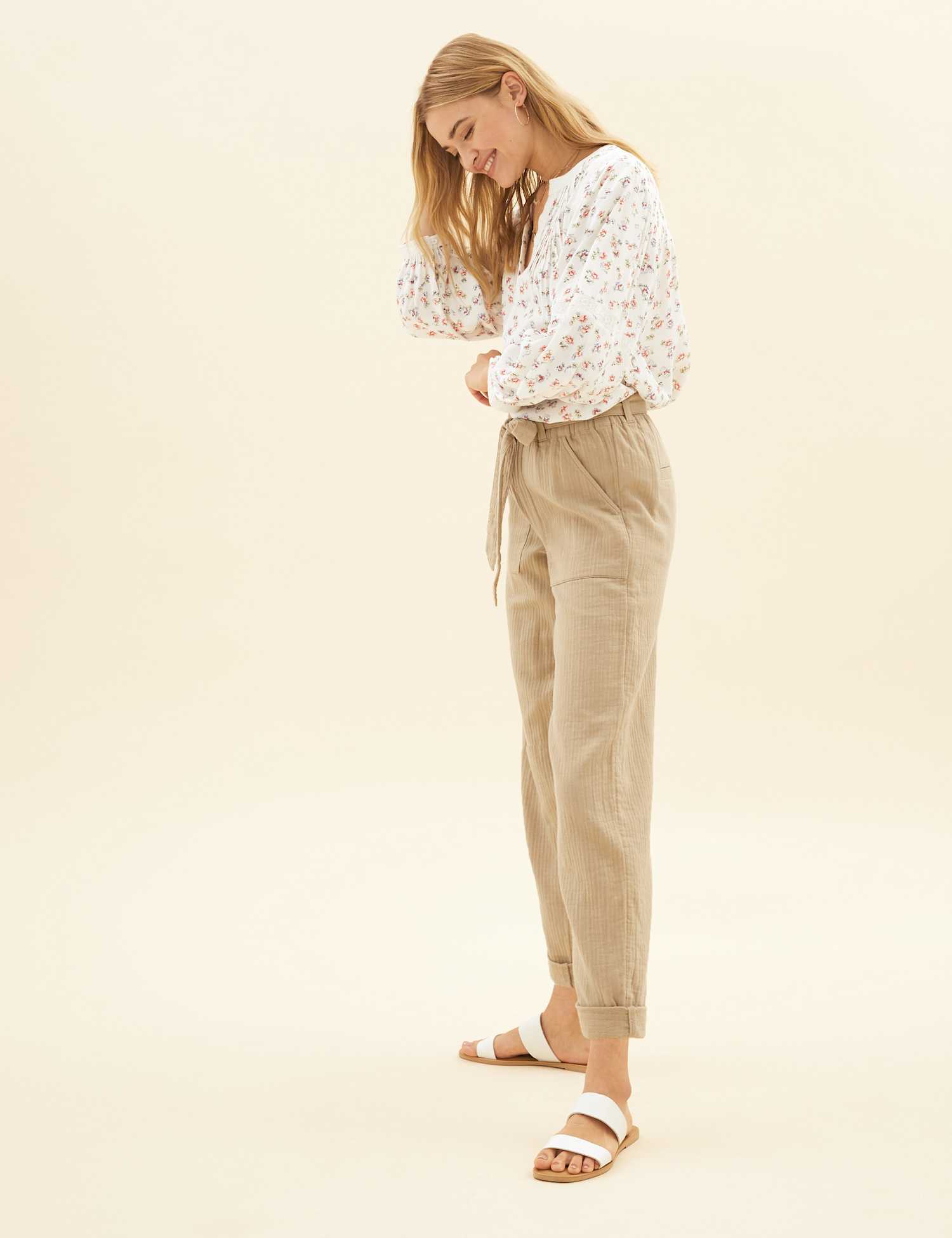 Per Una Pure Cotton Tapered Ankle Grazer Trousers Natural Beige