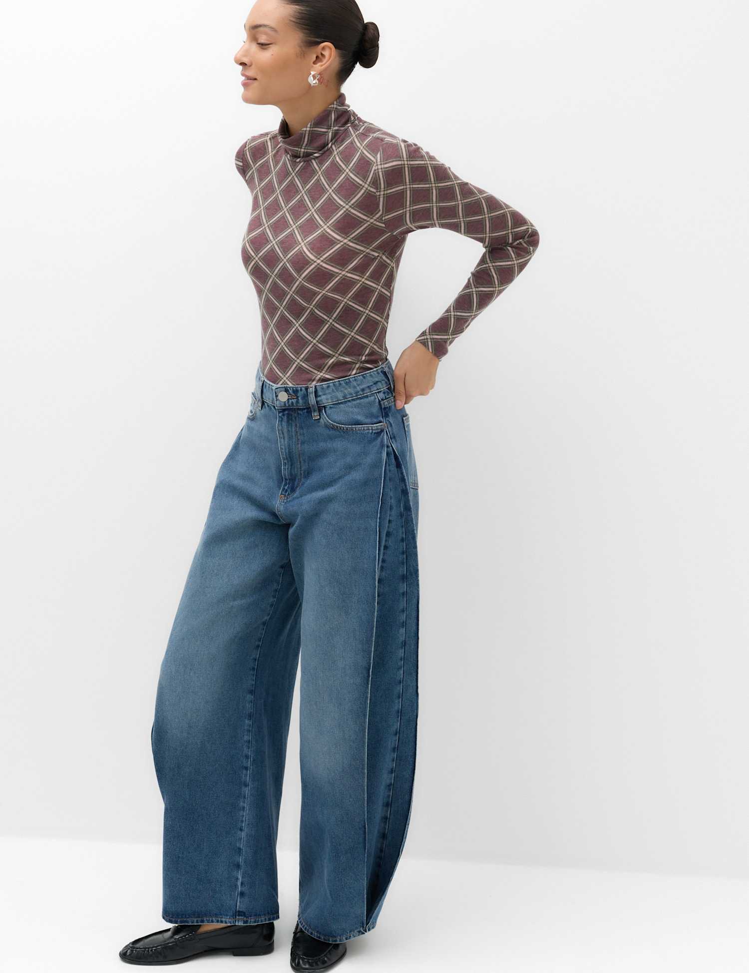 M&S Mid Rise Side Pleat Wide Leg Jeans Medium Indigo