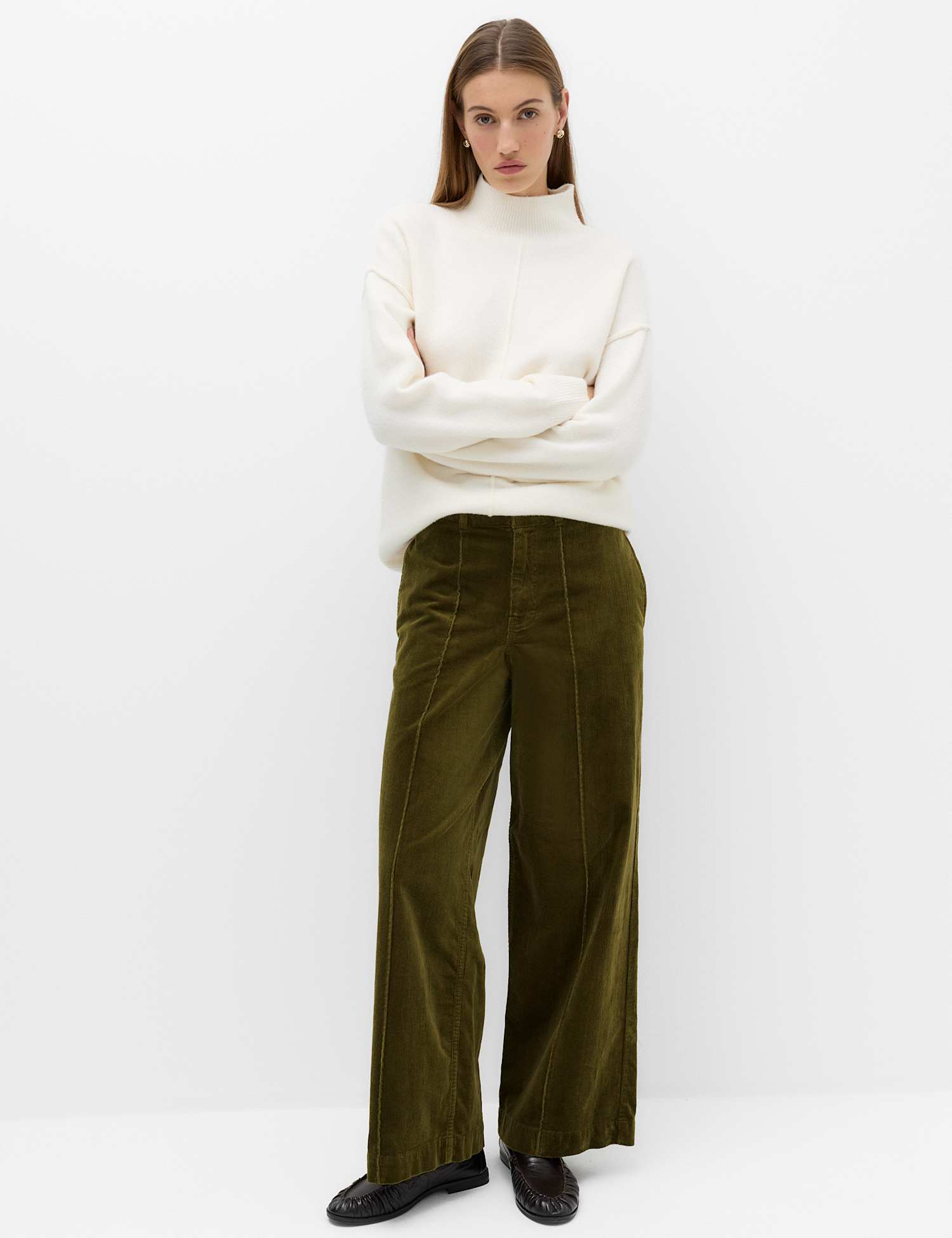 M&S Cord Pintuck Wide Leg Trousers Khaki