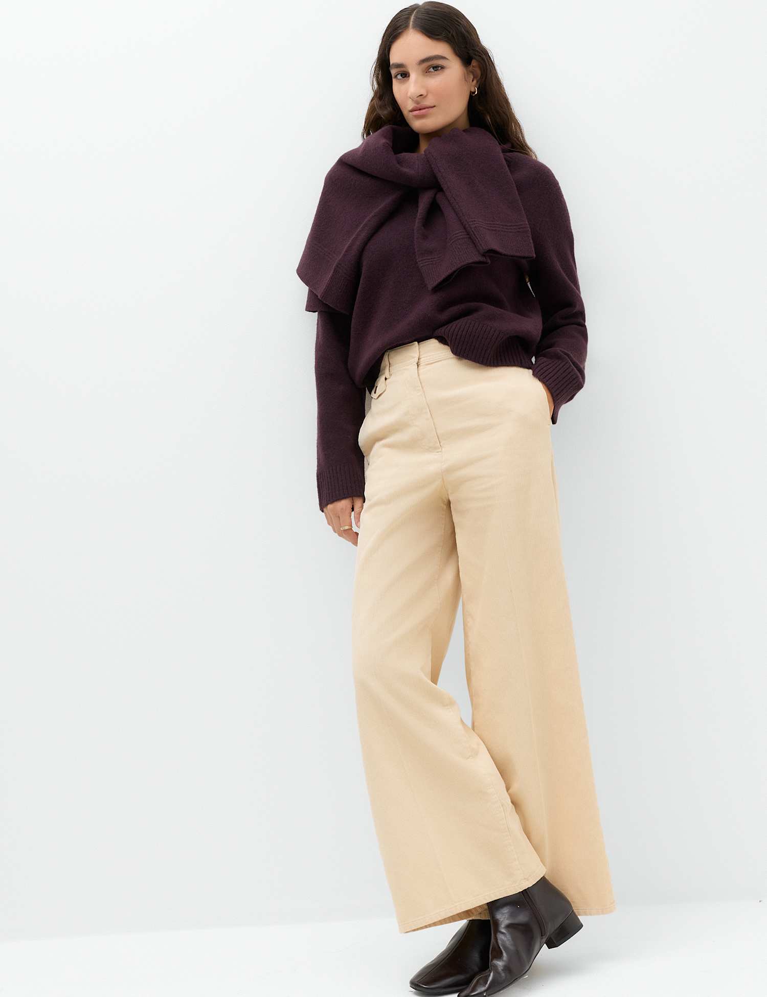 M&S Pure Cotton Cord Wide Leg Trousers Beige