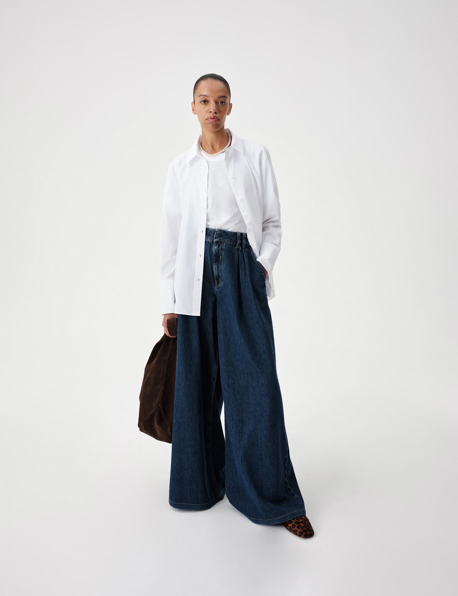M&S Twill Pleated Formal Wide Leg Jean Medium Indigo