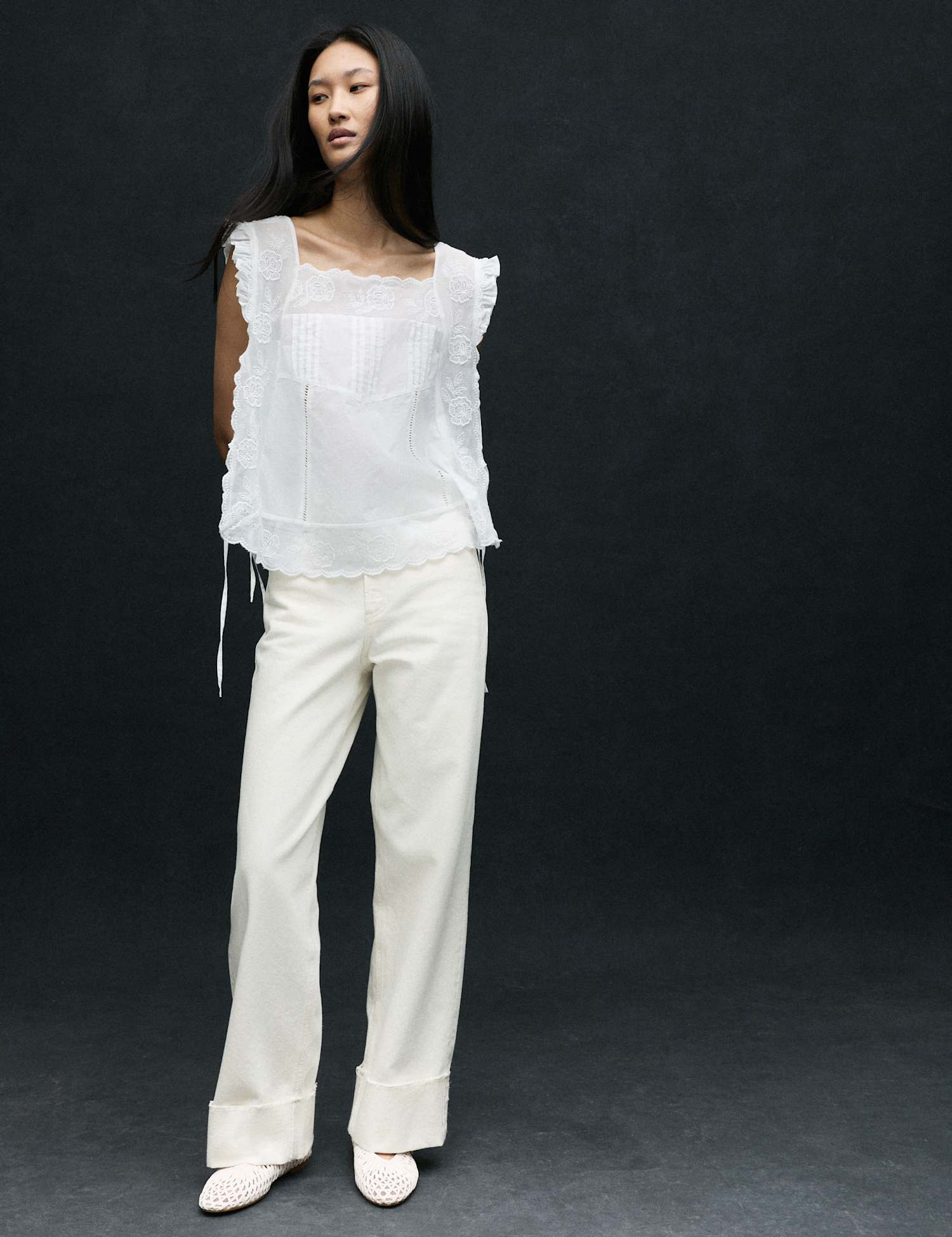M&S High Waisted Wide Leg Turn Up Jeans Ecru