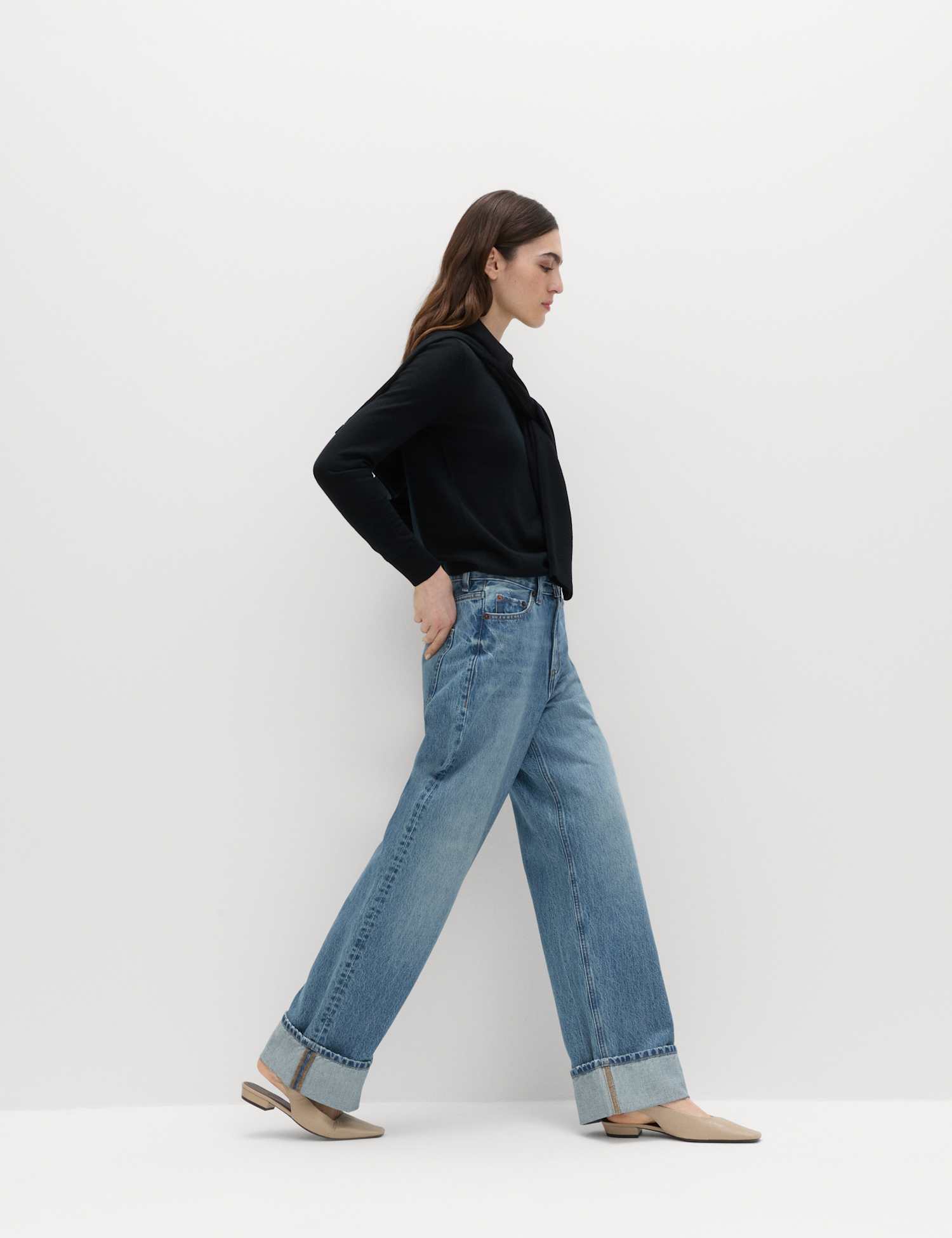 M&S High Waisted Wide Leg Turn Up Jeans Medium Indigo