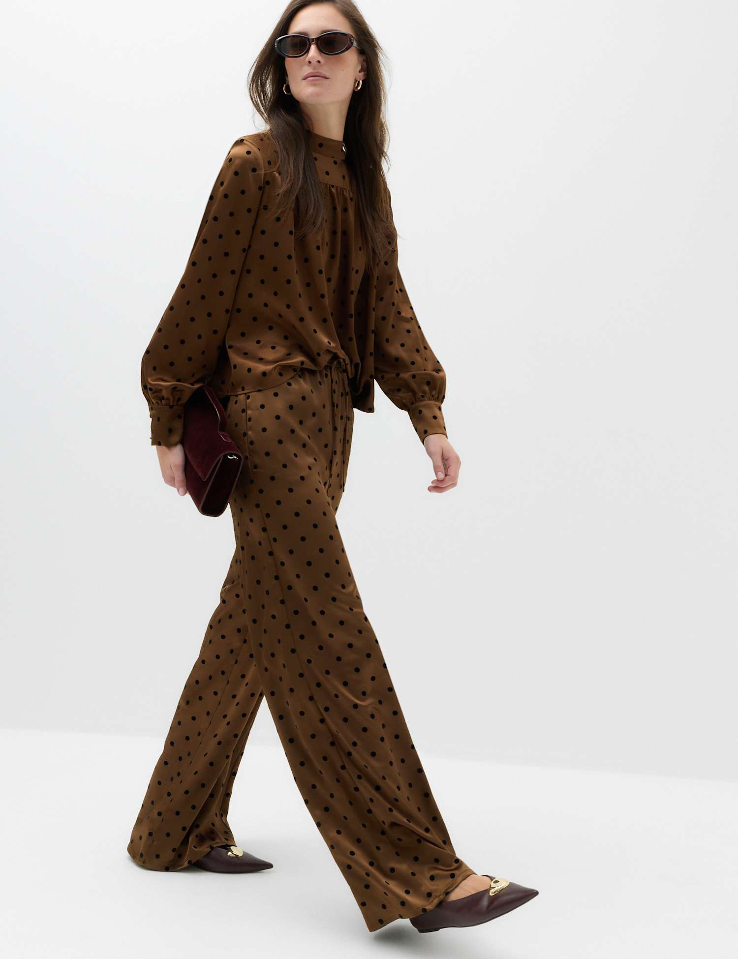 M&S Polka Dot Satin Wide Leg Trouser Brown Mix