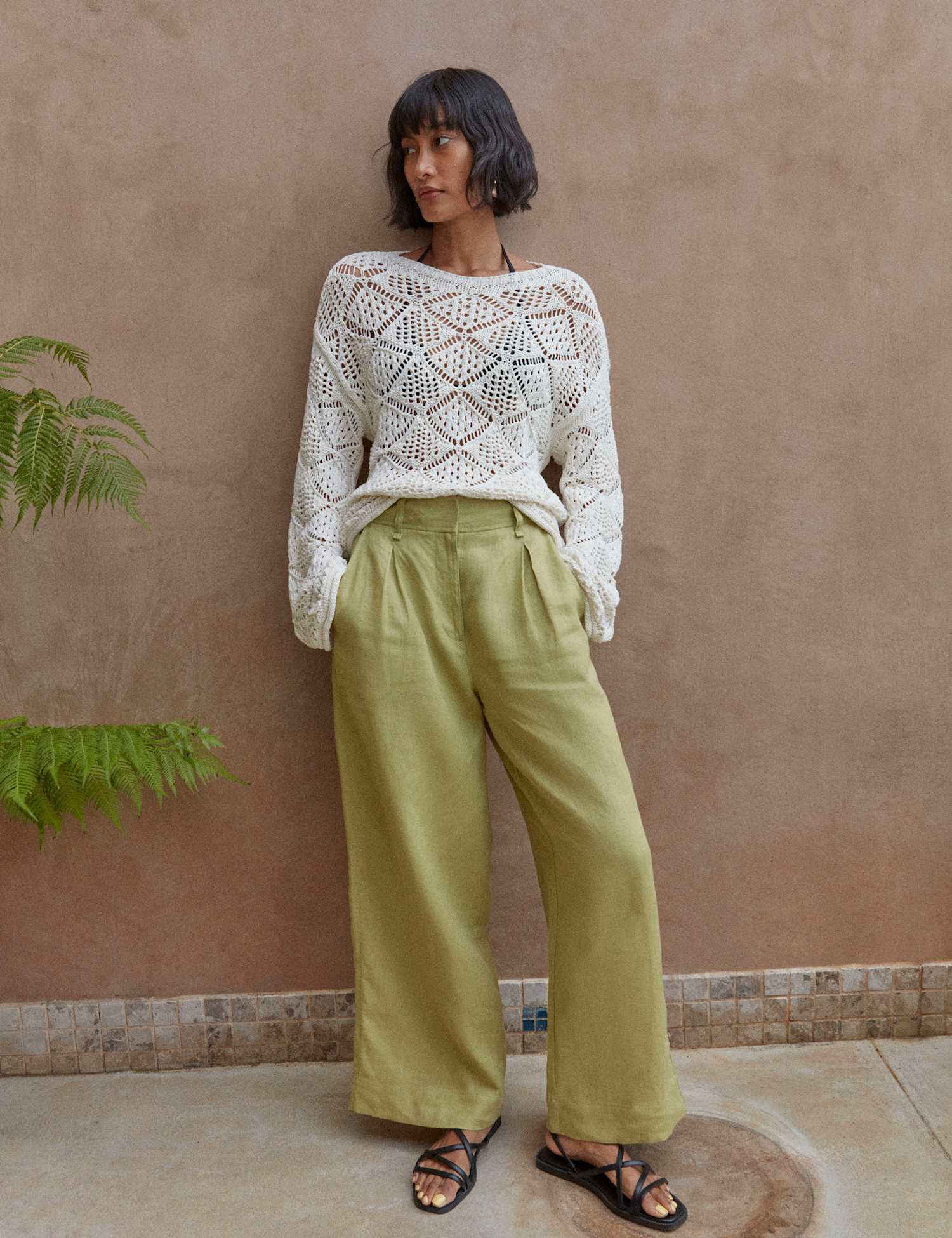 M&S Pure Linen Wide Leg Trousers Conker